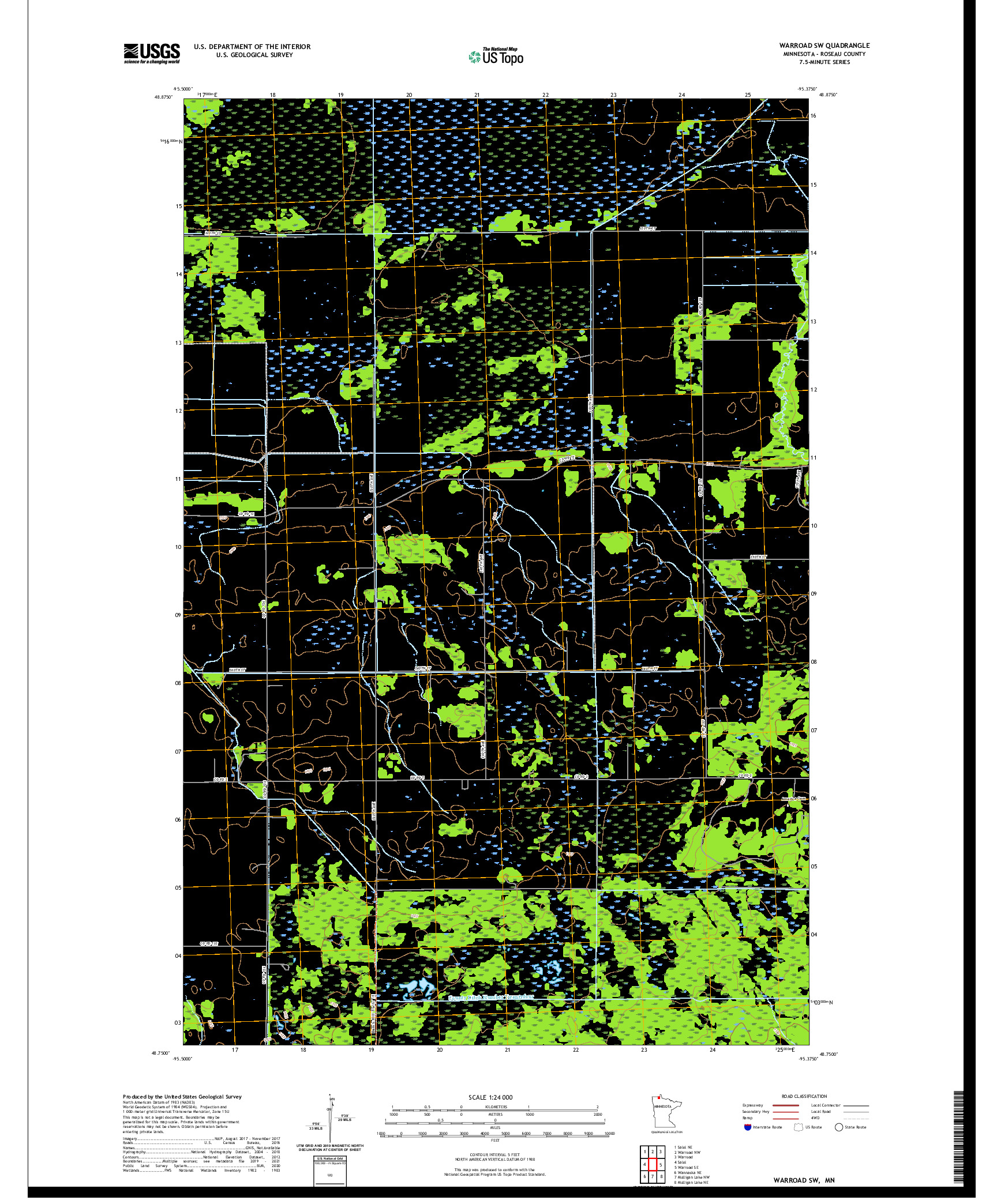 US TOPO 7.5-MINUTE MAP FOR WARROAD SW, MN