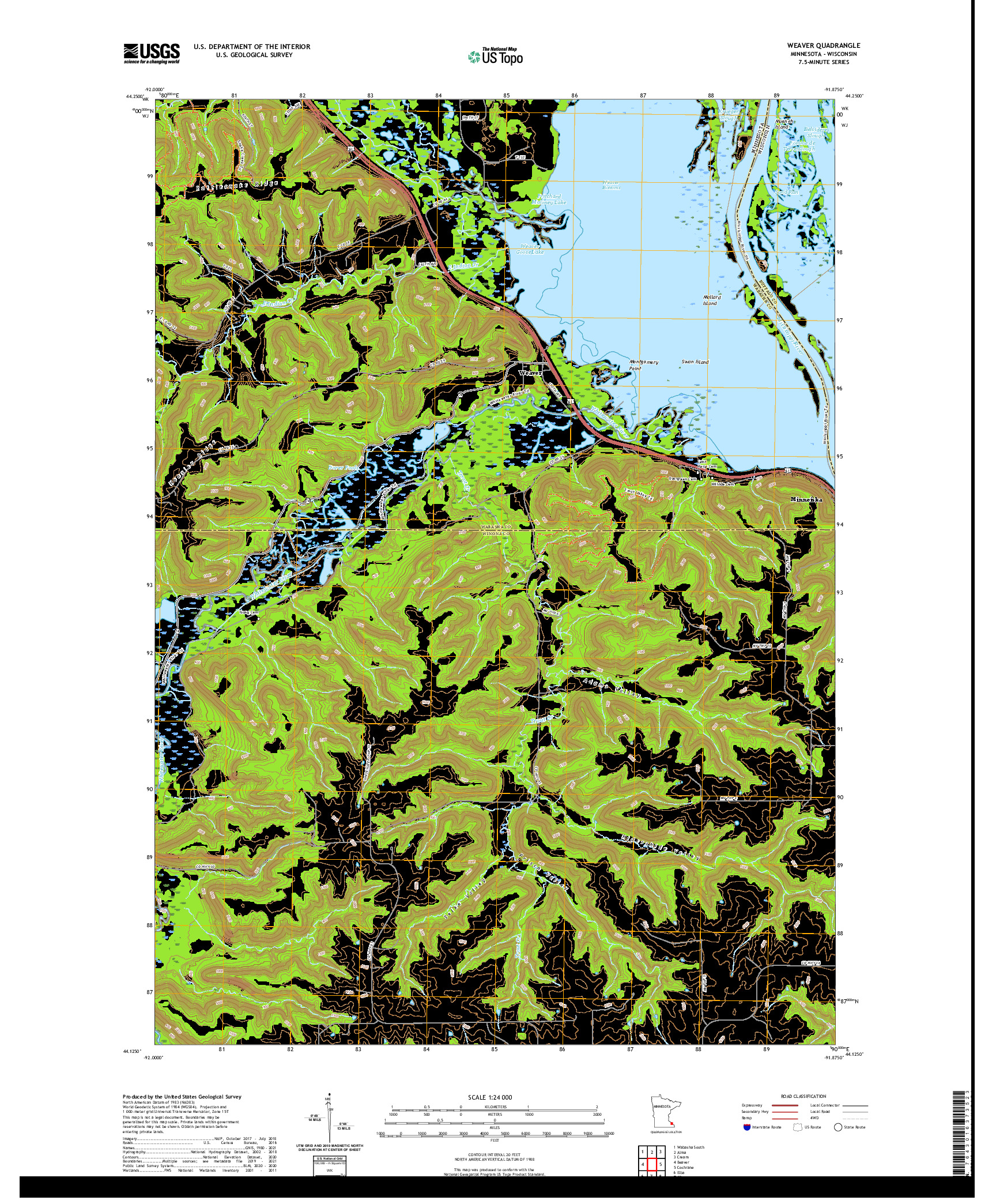 US TOPO 7.5-MINUTE MAP FOR WEAVER, MN,WI