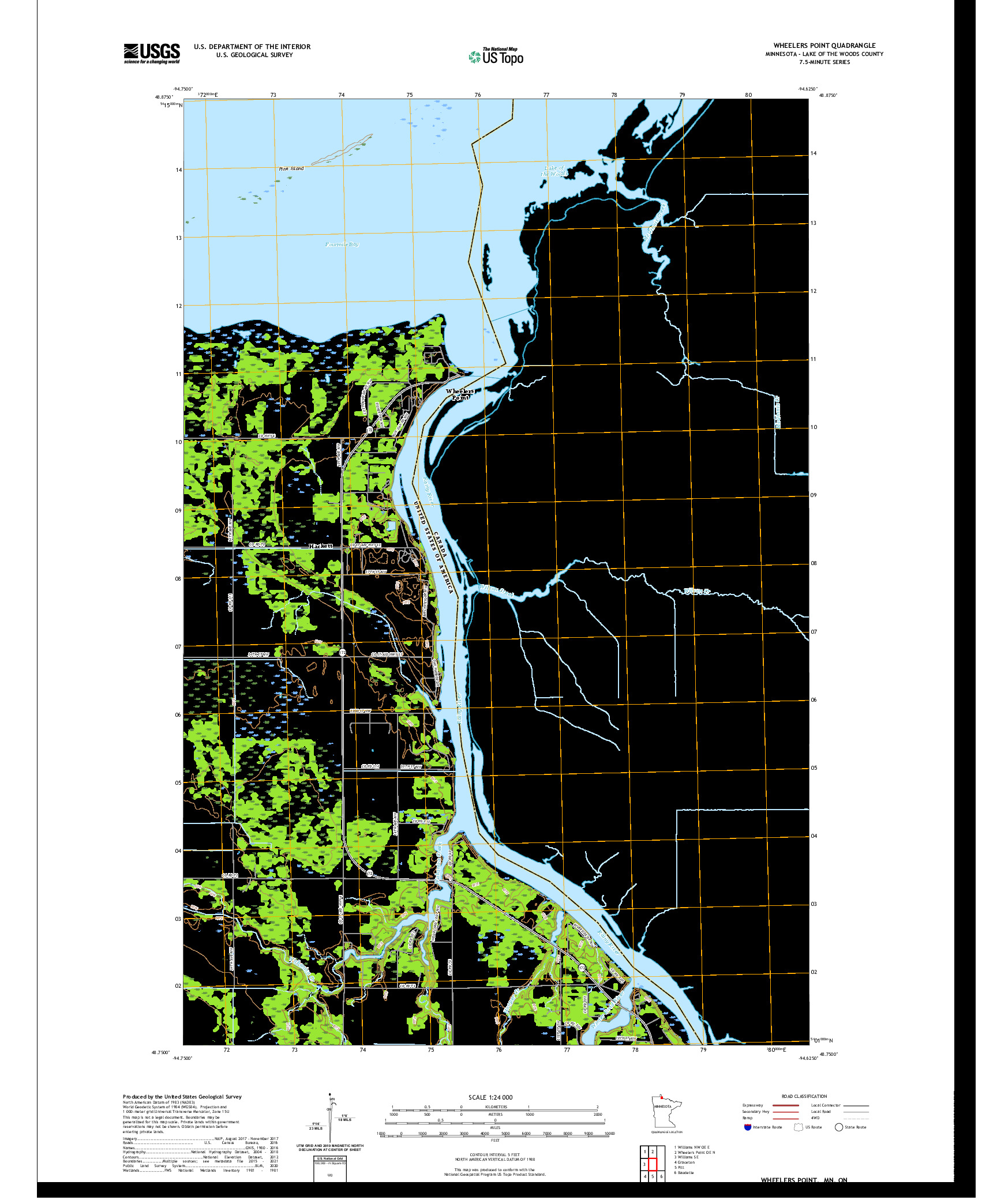 US TOPO 7.5-MINUTE MAP FOR WHEELERS POINT, MN,ON