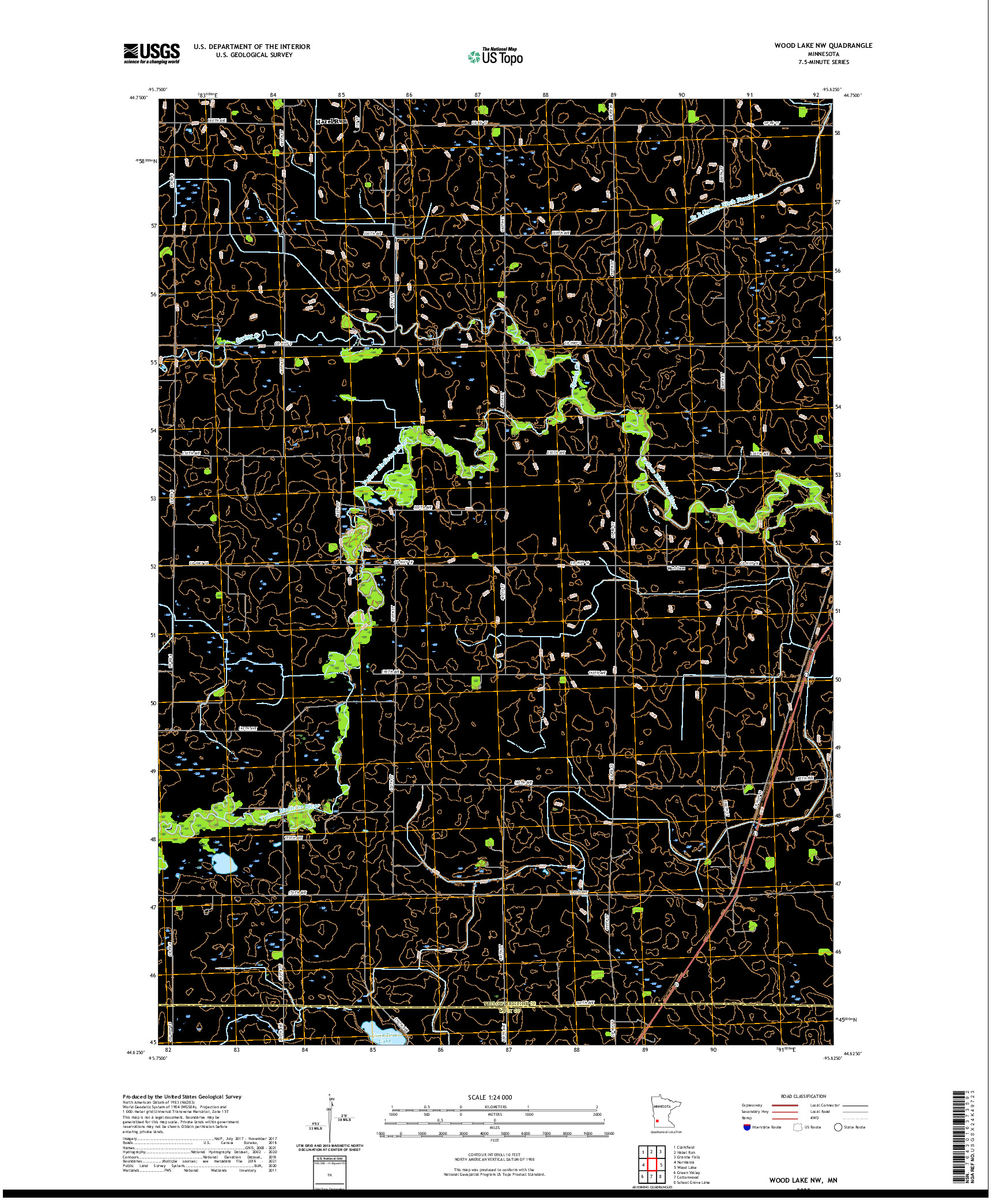 US TOPO 7.5-MINUTE MAP FOR WOOD LAKE NW, MN