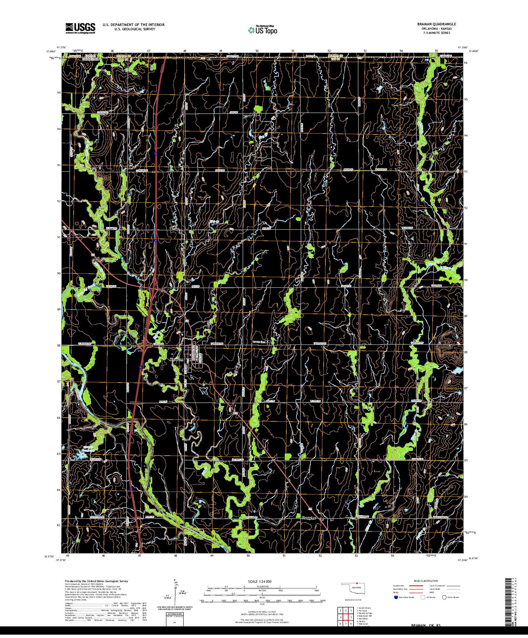 US TOPO 7.5-MINUTE MAP FOR BRAMAN, OK,KS