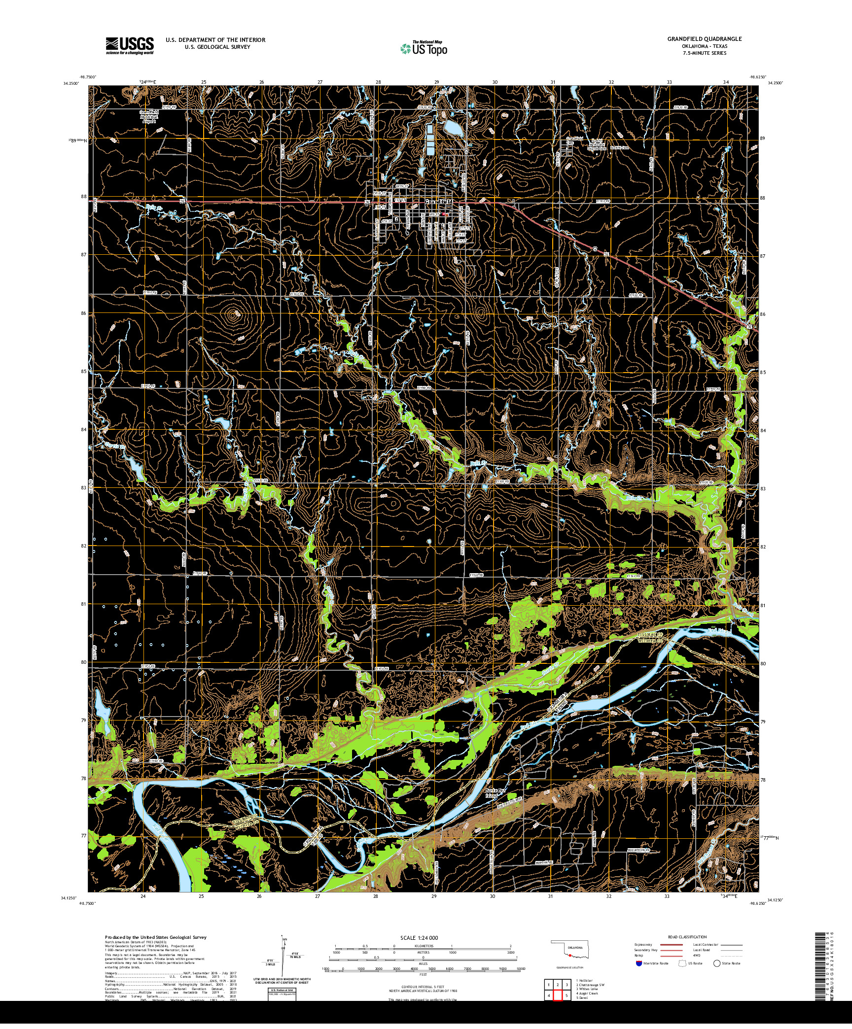 US TOPO 7.5-MINUTE MAP FOR GRANDFIELD, OK,TX