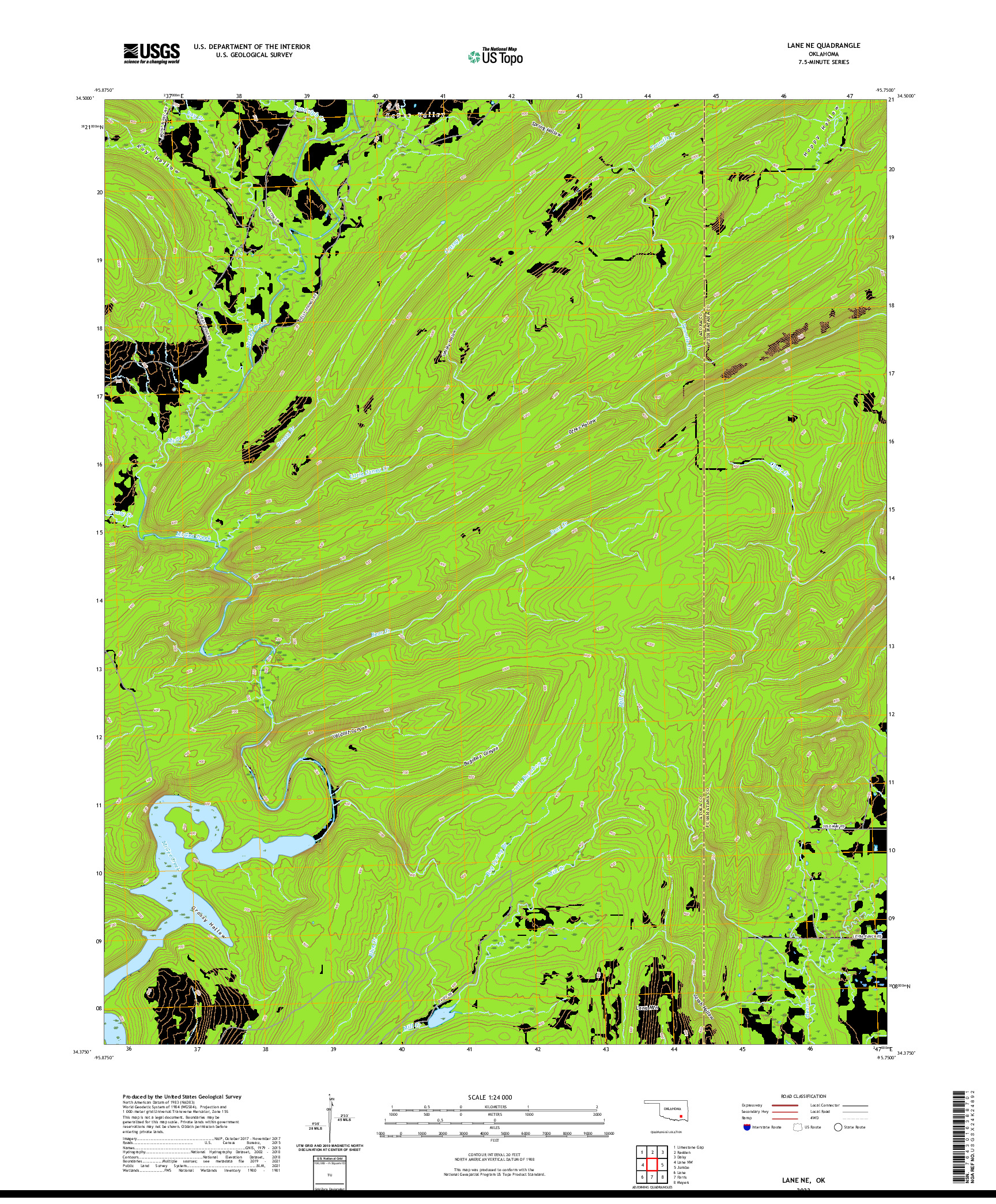 US TOPO 7.5-MINUTE MAP FOR LANE NE, OK