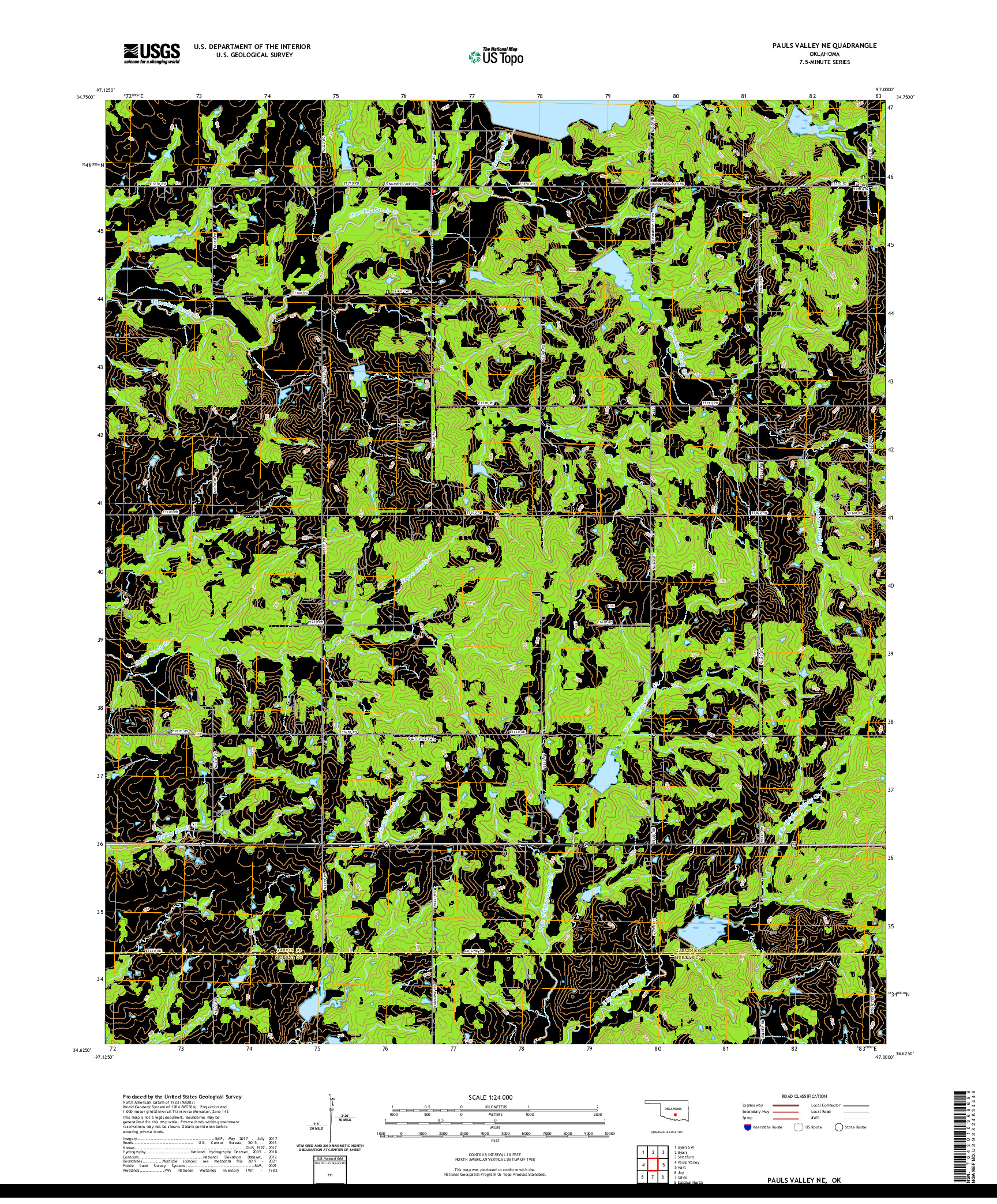 US TOPO 7.5-MINUTE MAP FOR PAULS VALLEY NE, OK