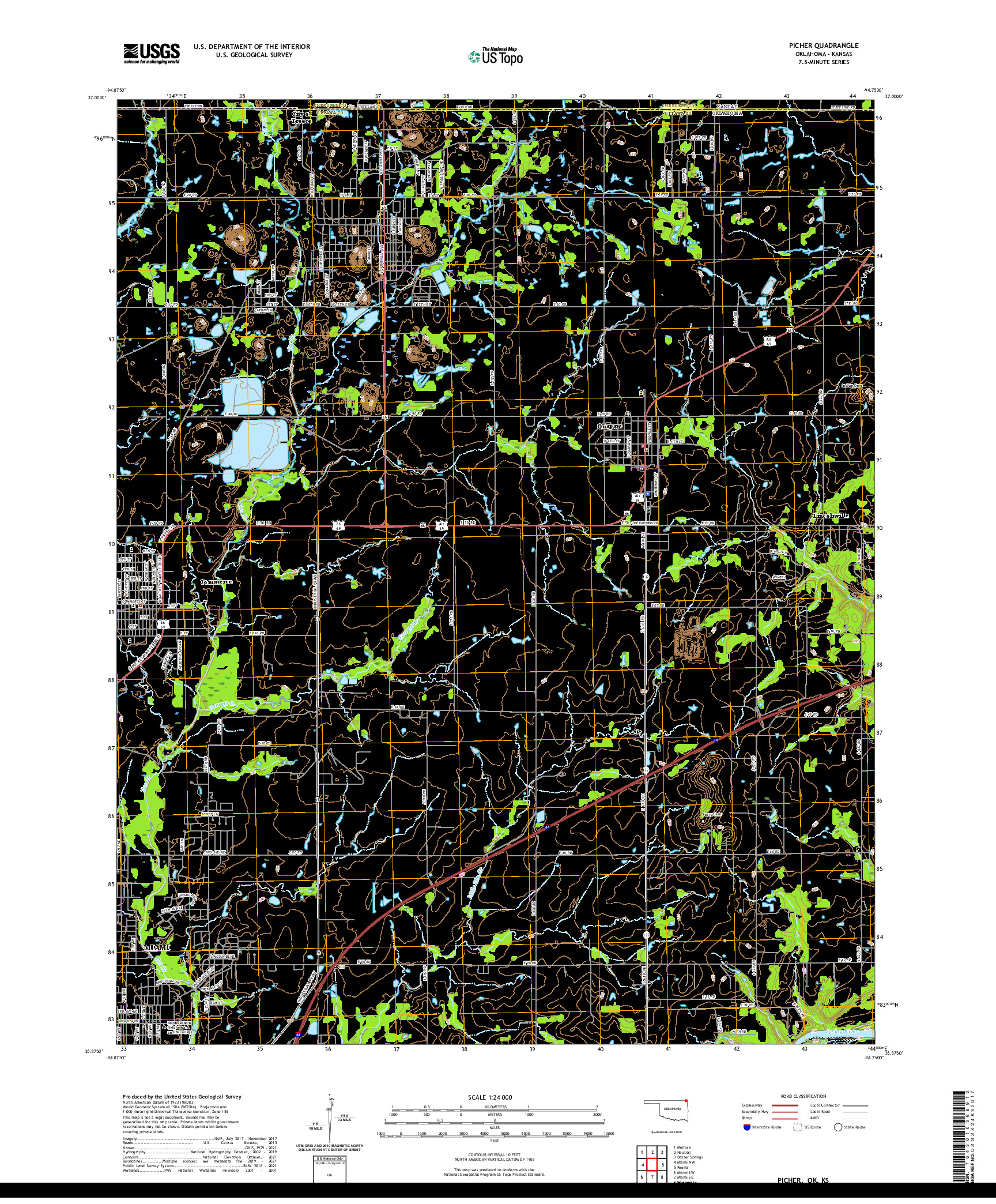 US TOPO 7.5-MINUTE MAP FOR PICHER, OK,KS