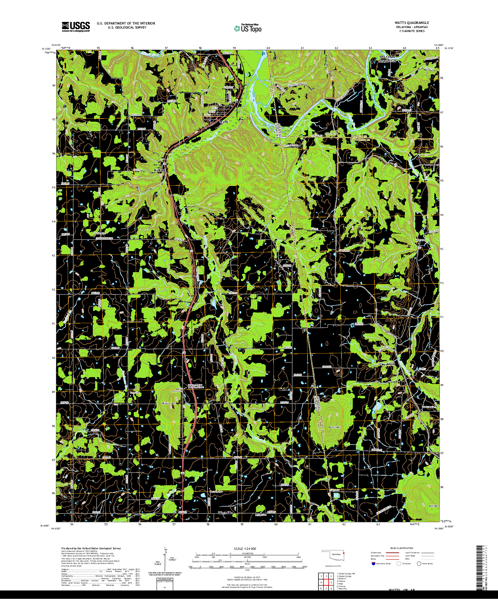 US TOPO 7.5-MINUTE MAP FOR WATTS, OK,AR