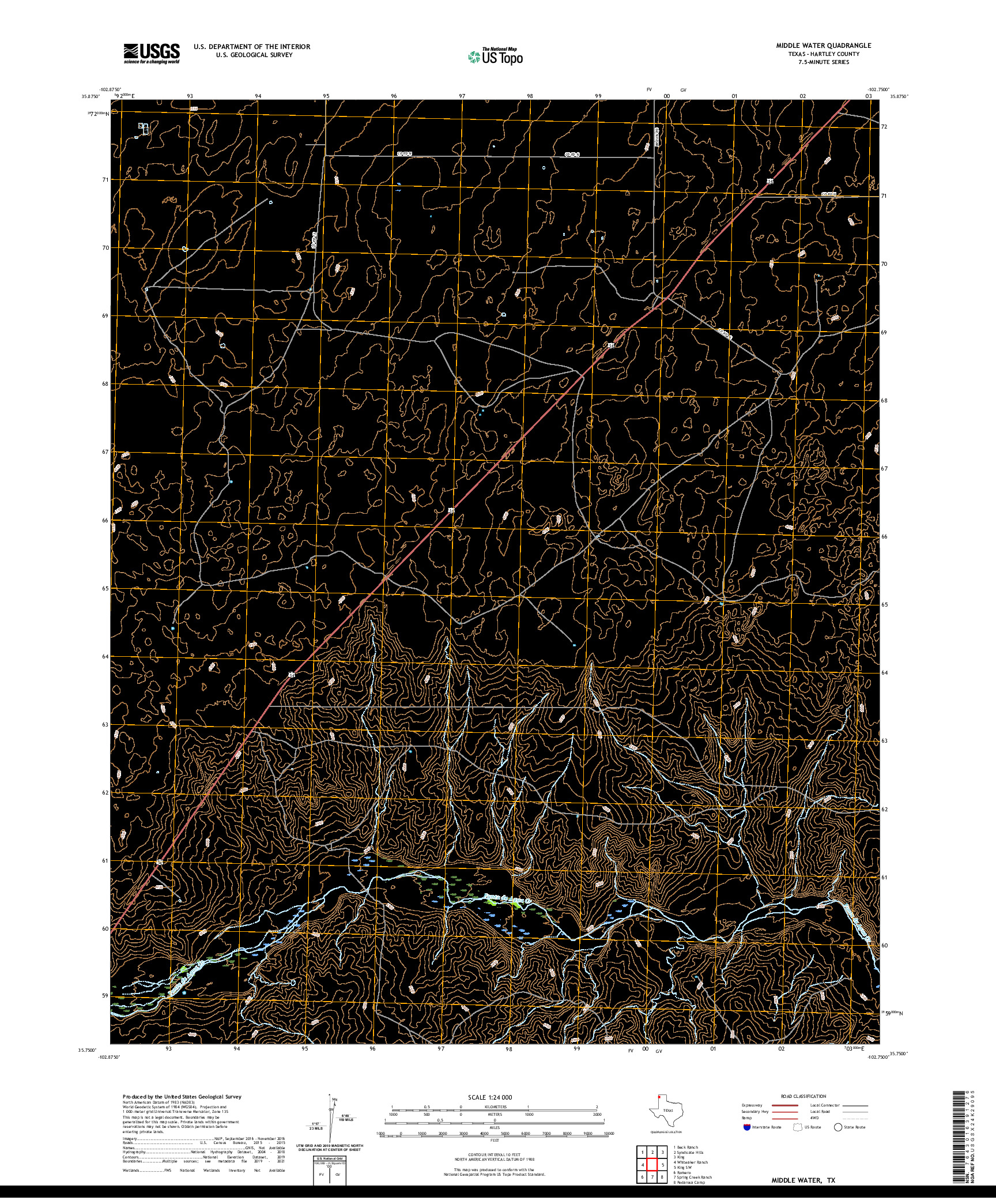 US TOPO 7.5-MINUTE MAP FOR MIDDLE WATER, TX