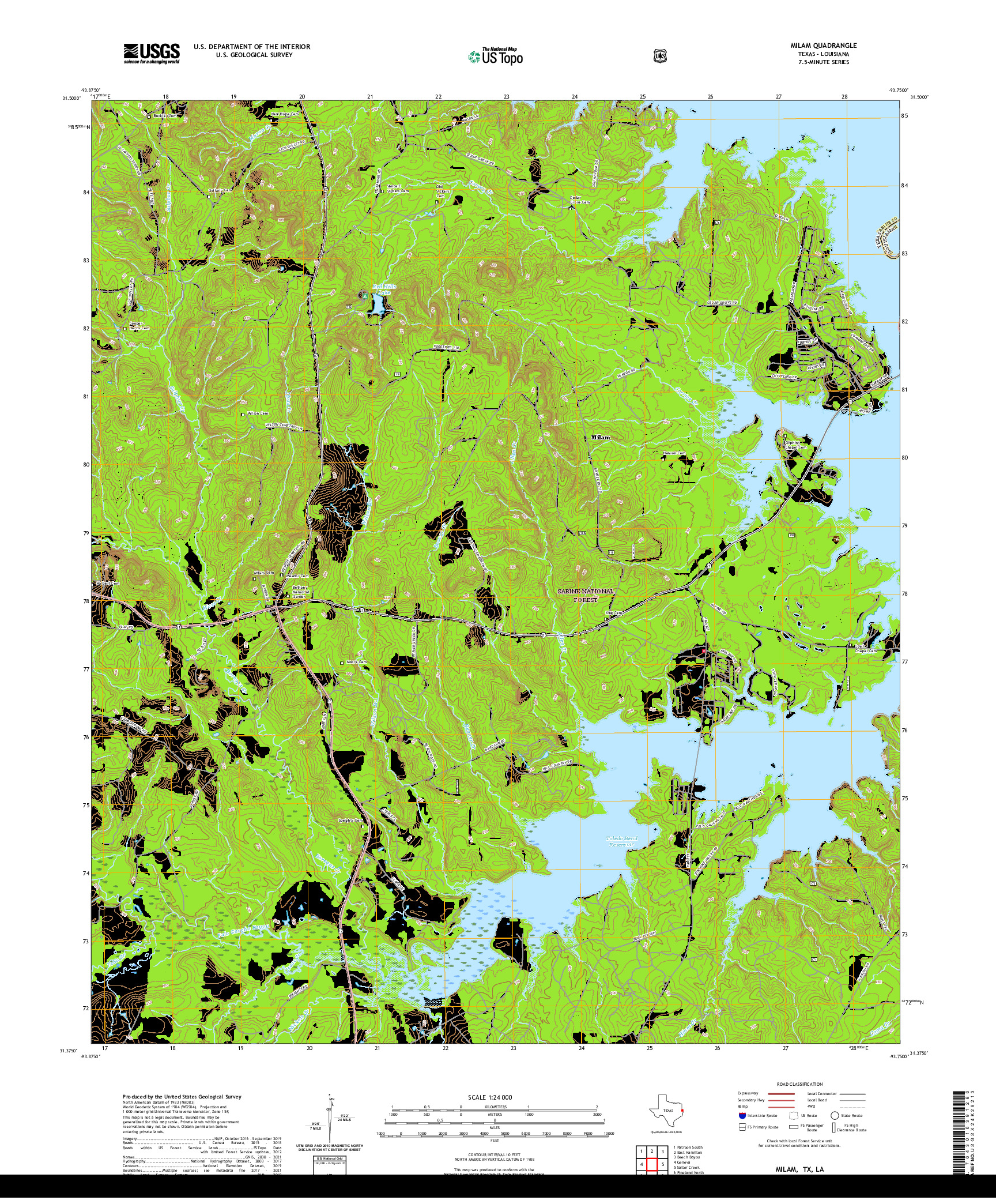 US TOPO 7.5-MINUTE MAP FOR MILAM, TX,LA