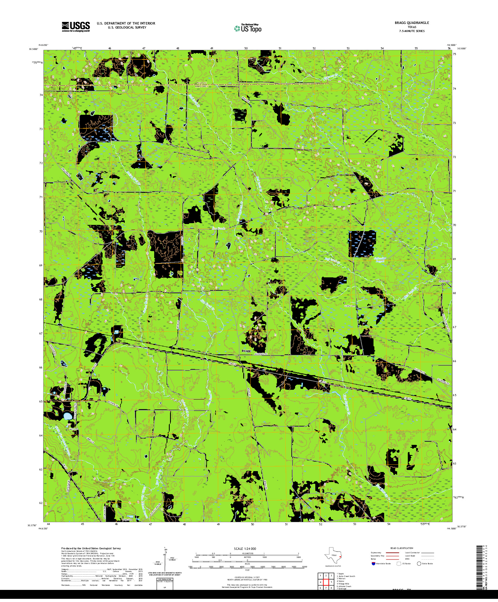 US TOPO 7.5-MINUTE MAP FOR BRAGG, TX