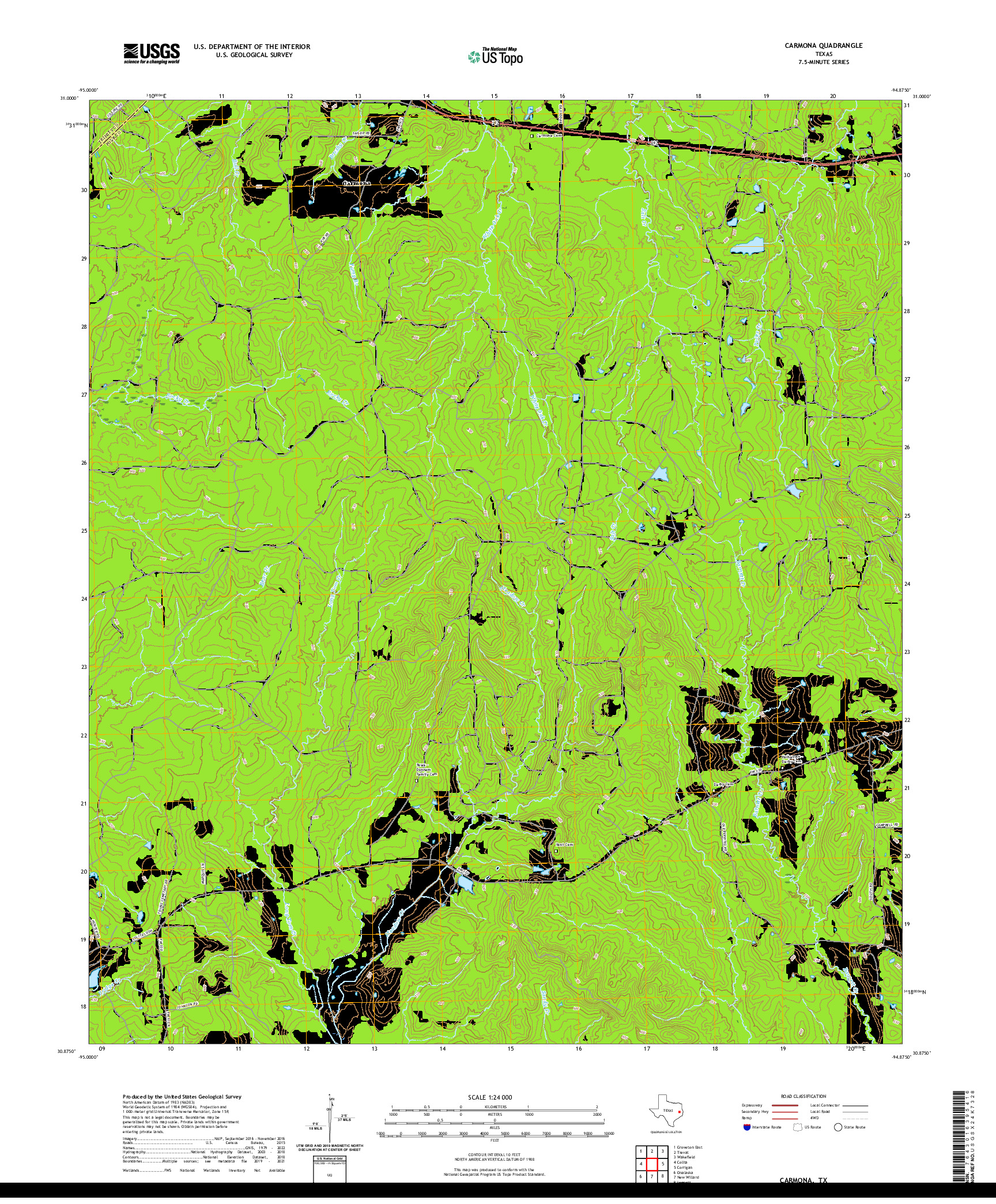 US TOPO 7.5-MINUTE MAP FOR CARMONA, TX