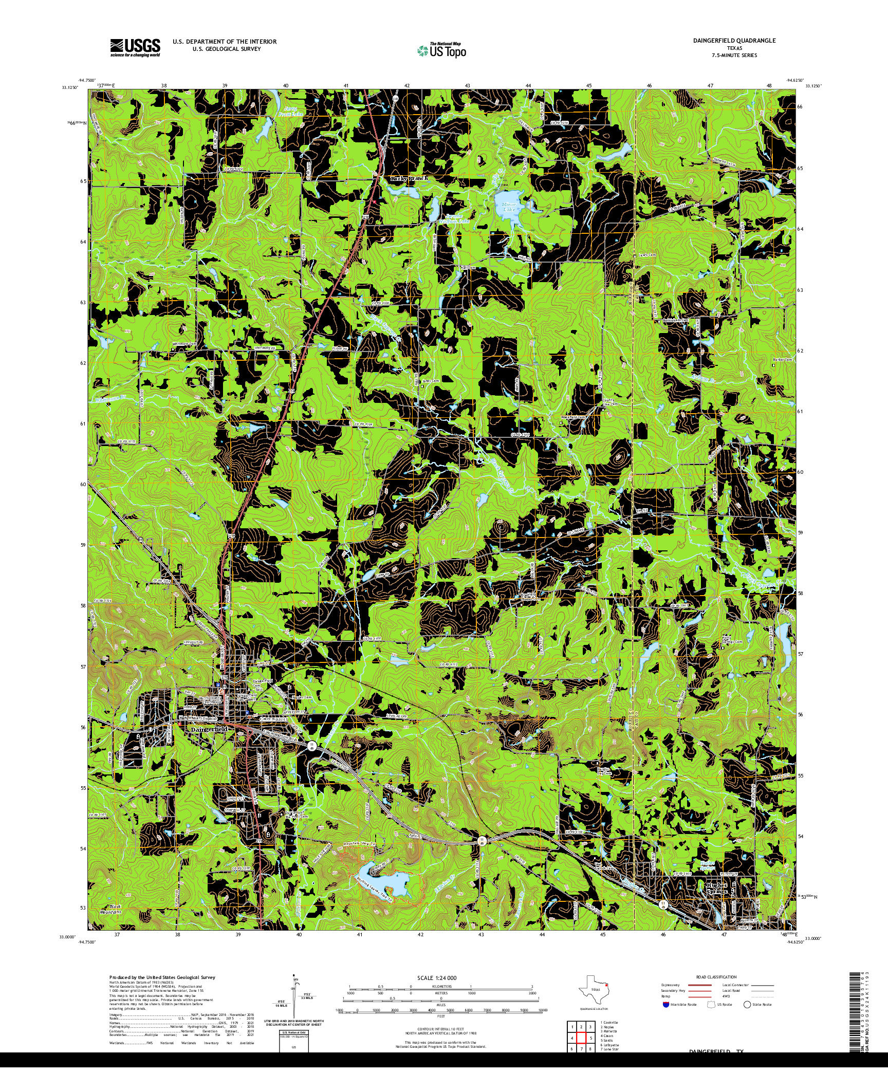 US TOPO 7.5-MINUTE MAP FOR DAINGERFIELD, TX