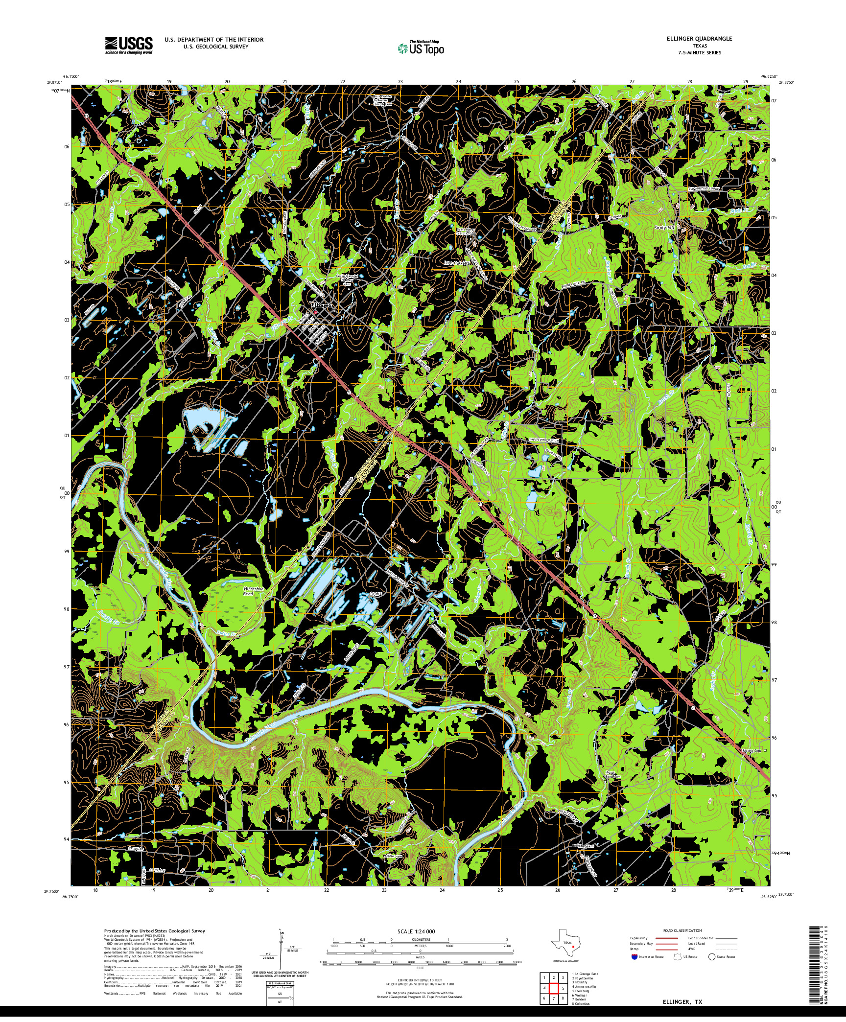 US TOPO 7.5-MINUTE MAP FOR ELLINGER, TX