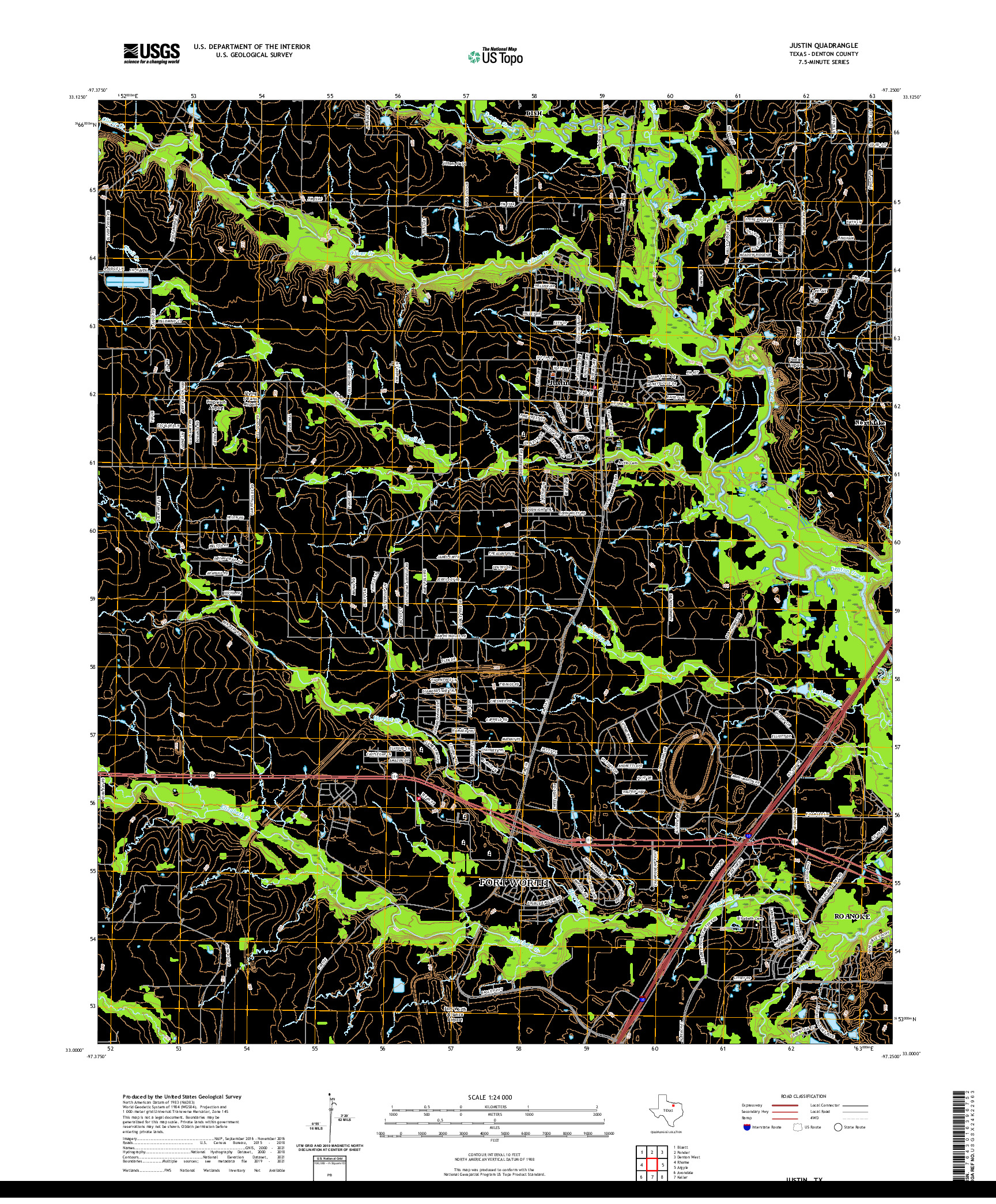 US TOPO 7.5-MINUTE MAP FOR JUSTIN, TX