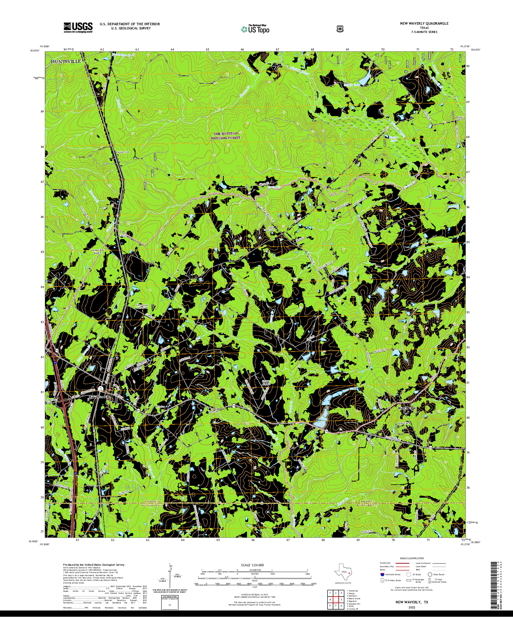 US TOPO 7.5-MINUTE MAP FOR NEW WAVERLY, TX