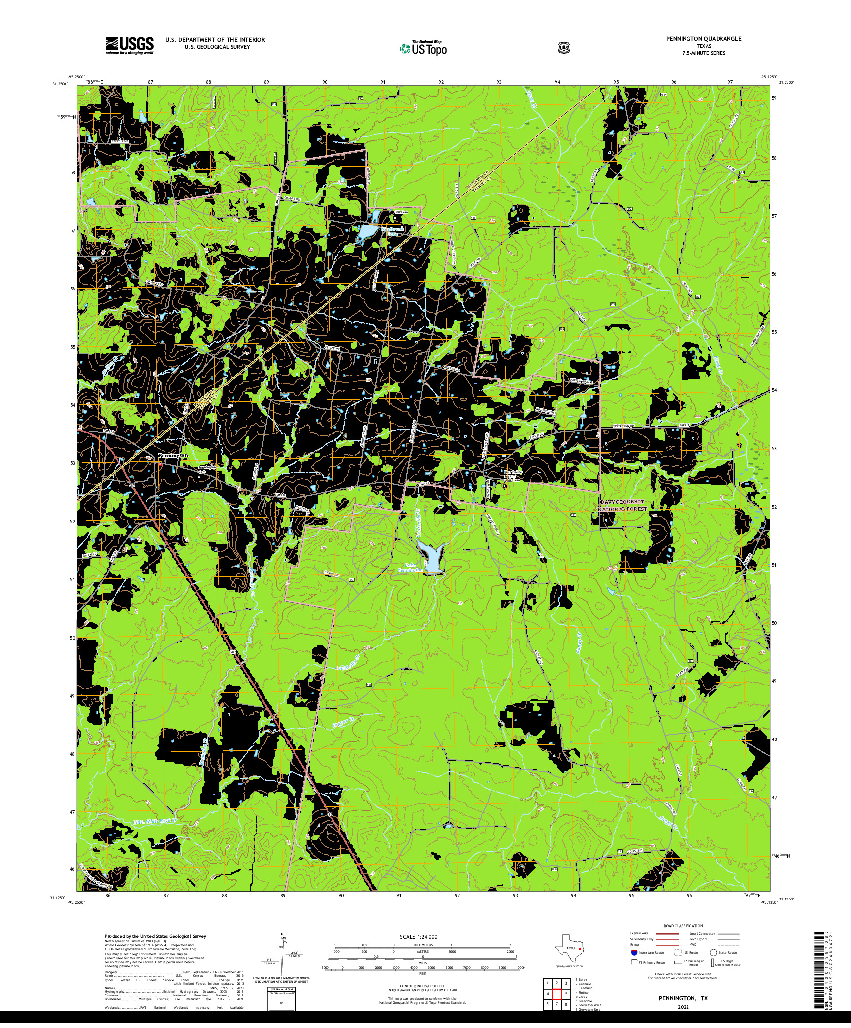 US TOPO 7.5-MINUTE MAP FOR PENNINGTON, TX