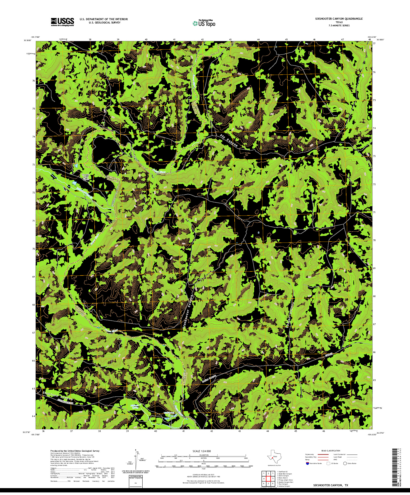 US TOPO 7.5-MINUTE MAP FOR SIXSHOOTER CANYON, TX