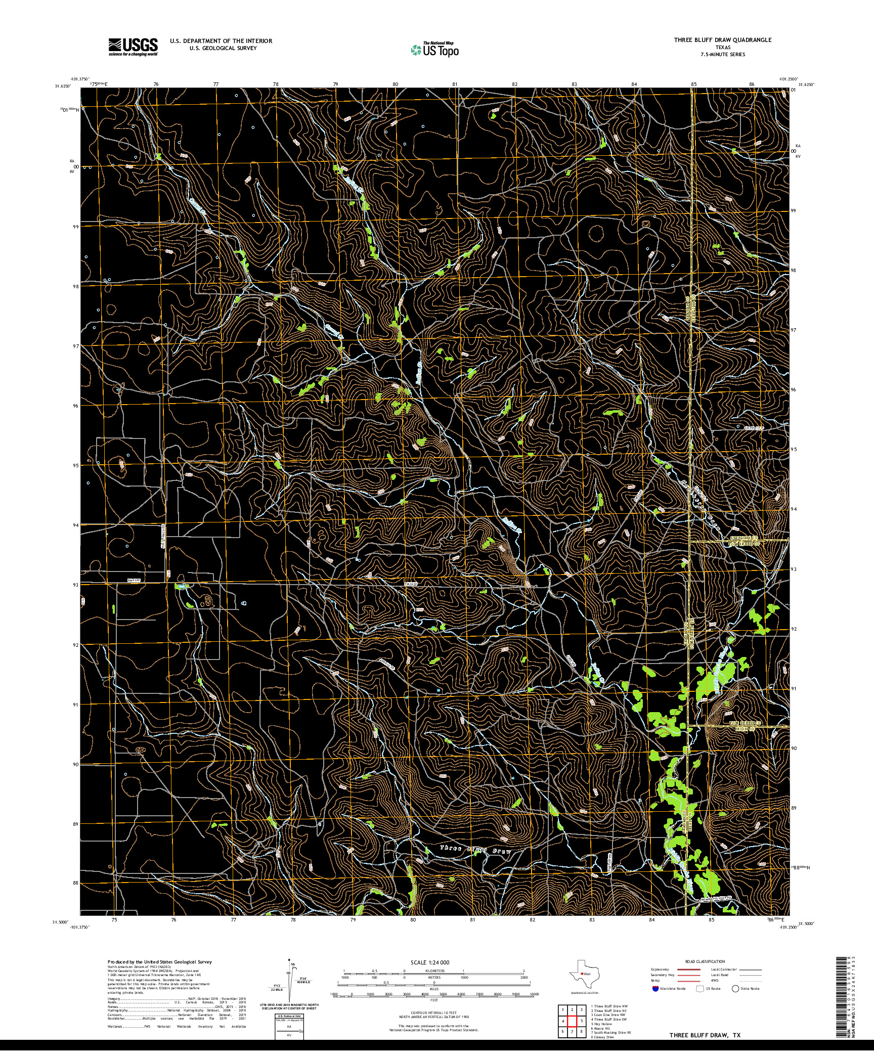 US TOPO 7.5-MINUTE MAP FOR THREE BLUFF DRAW, TX