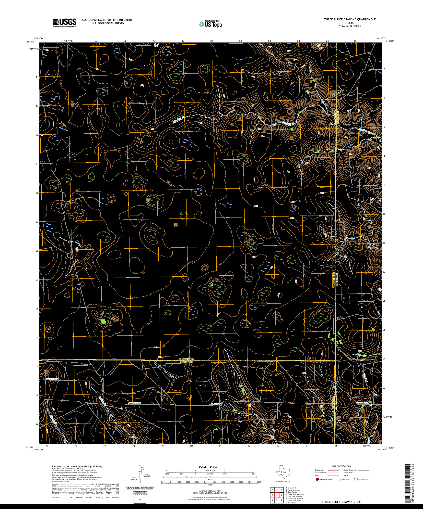 US TOPO 7.5-MINUTE MAP FOR THREE BLUFF DRAW NE, TX