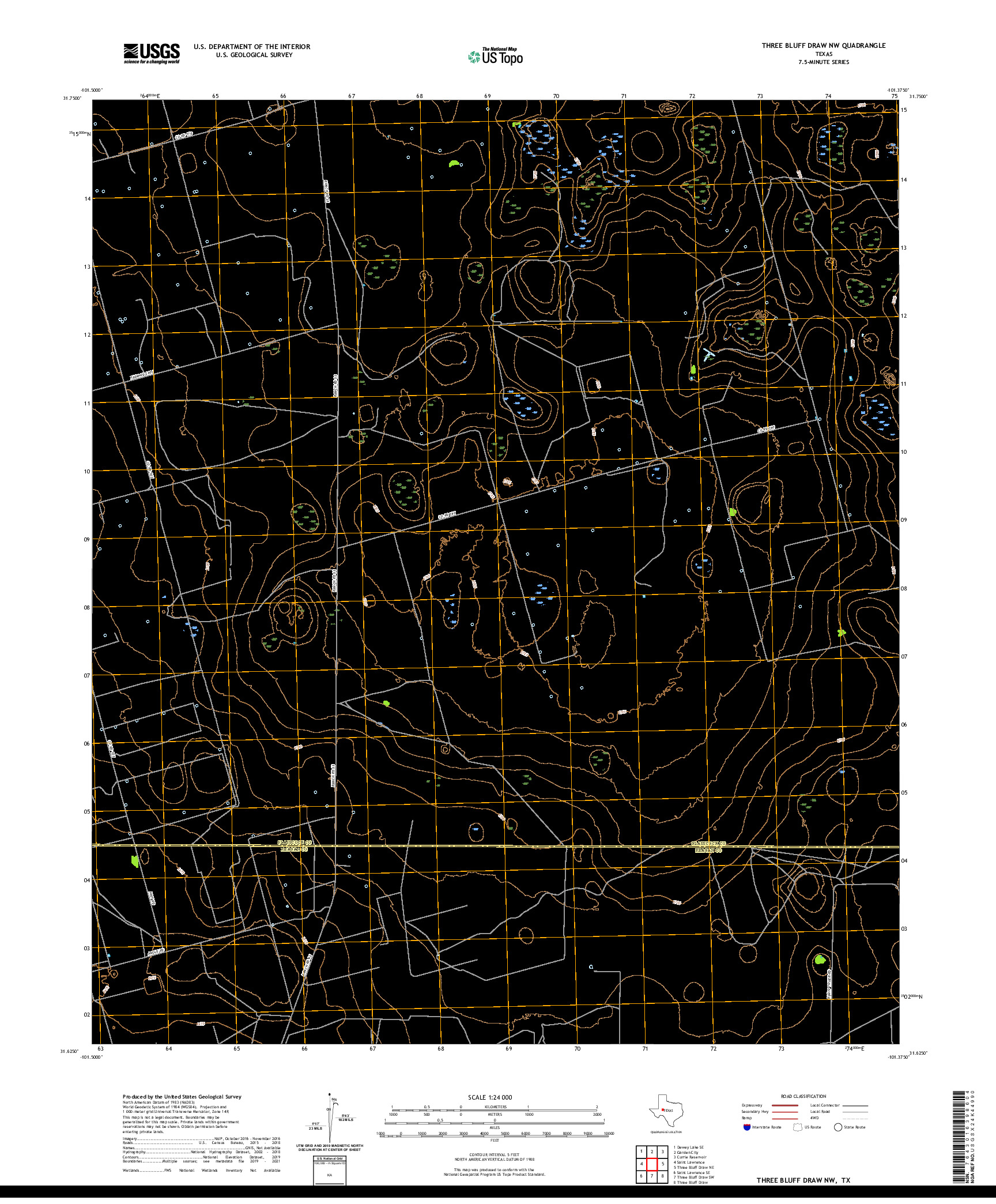 US TOPO 7.5-MINUTE MAP FOR THREE BLUFF DRAW NW, TX