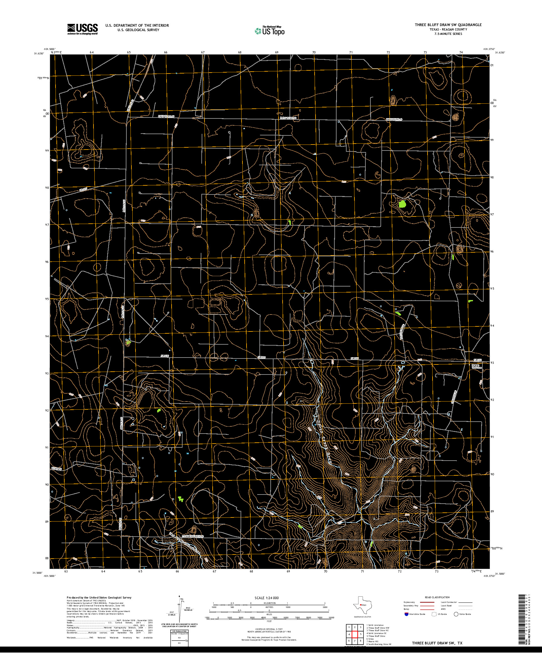 US TOPO 7.5-MINUTE MAP FOR THREE BLUFF DRAW SW, TX