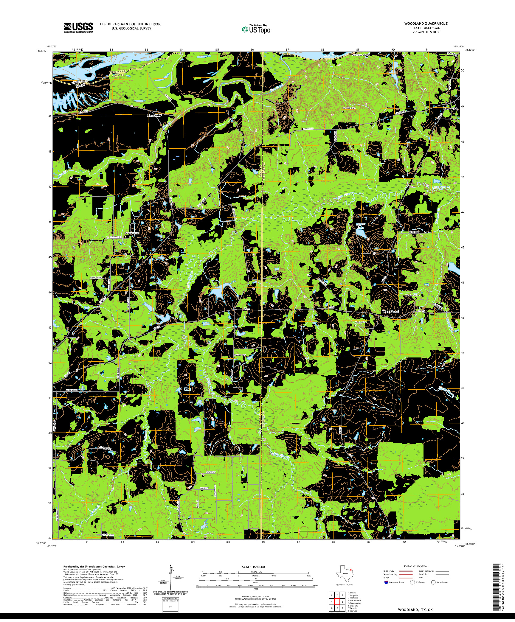 US TOPO 7.5-MINUTE MAP FOR WOODLAND, TX,OK