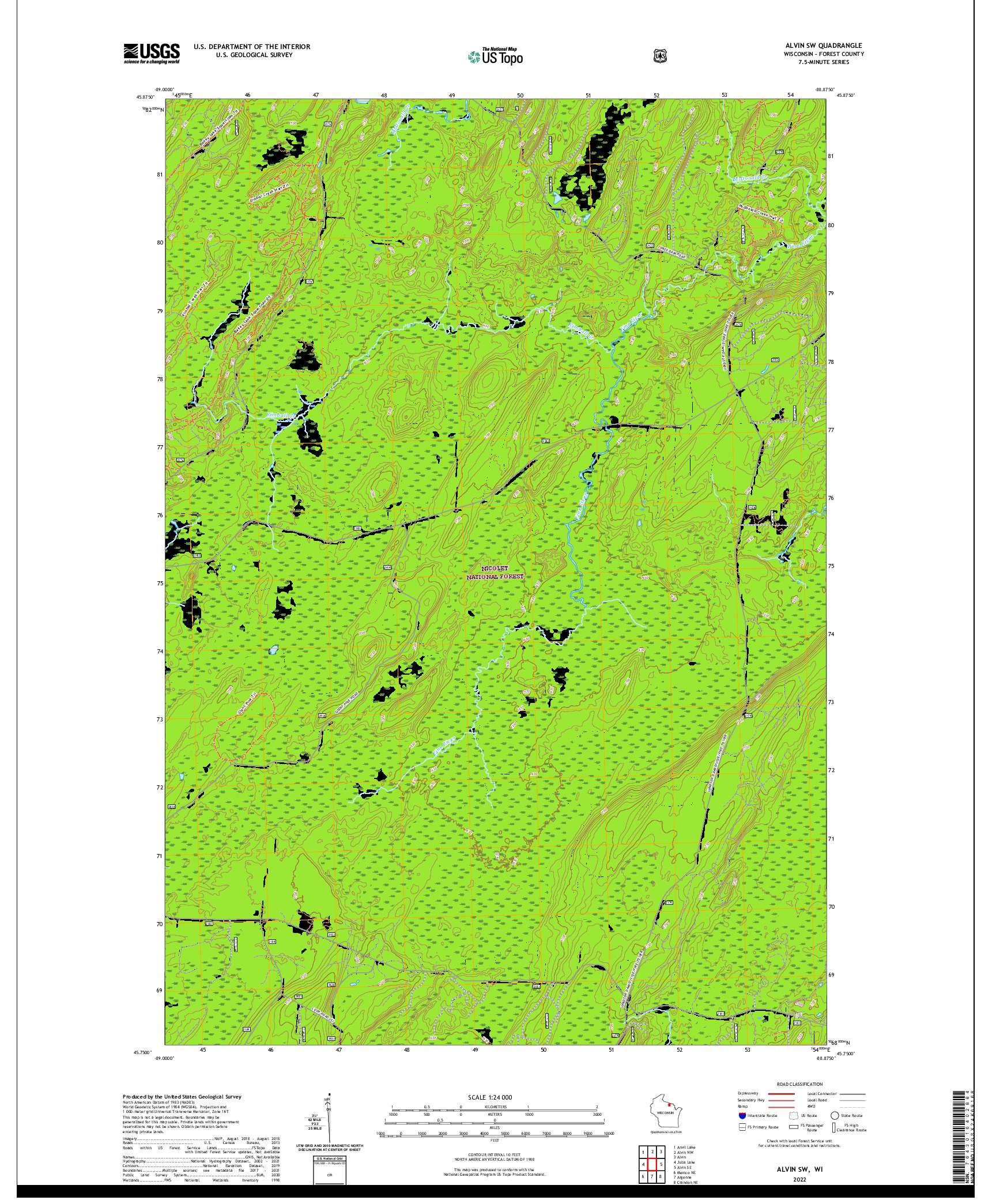 US TOPO 7.5-MINUTE MAP FOR ALVIN SW, WI