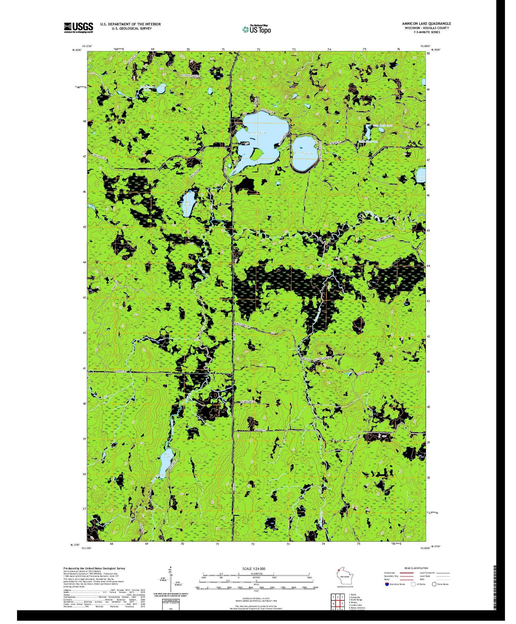 US TOPO 7.5-MINUTE MAP FOR AMNICON LAKE, WI