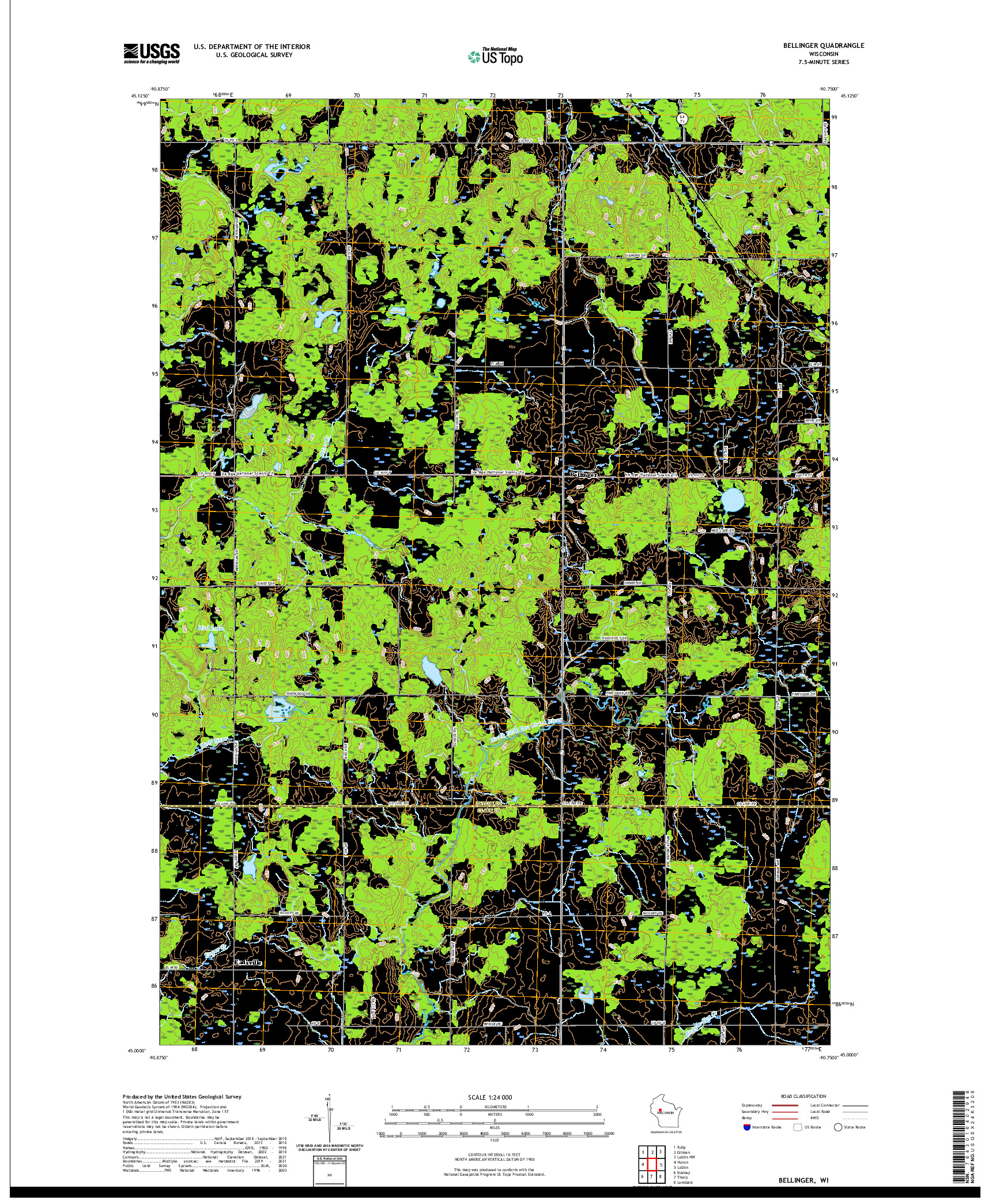 US TOPO 7.5-MINUTE MAP FOR BELLINGER, WI