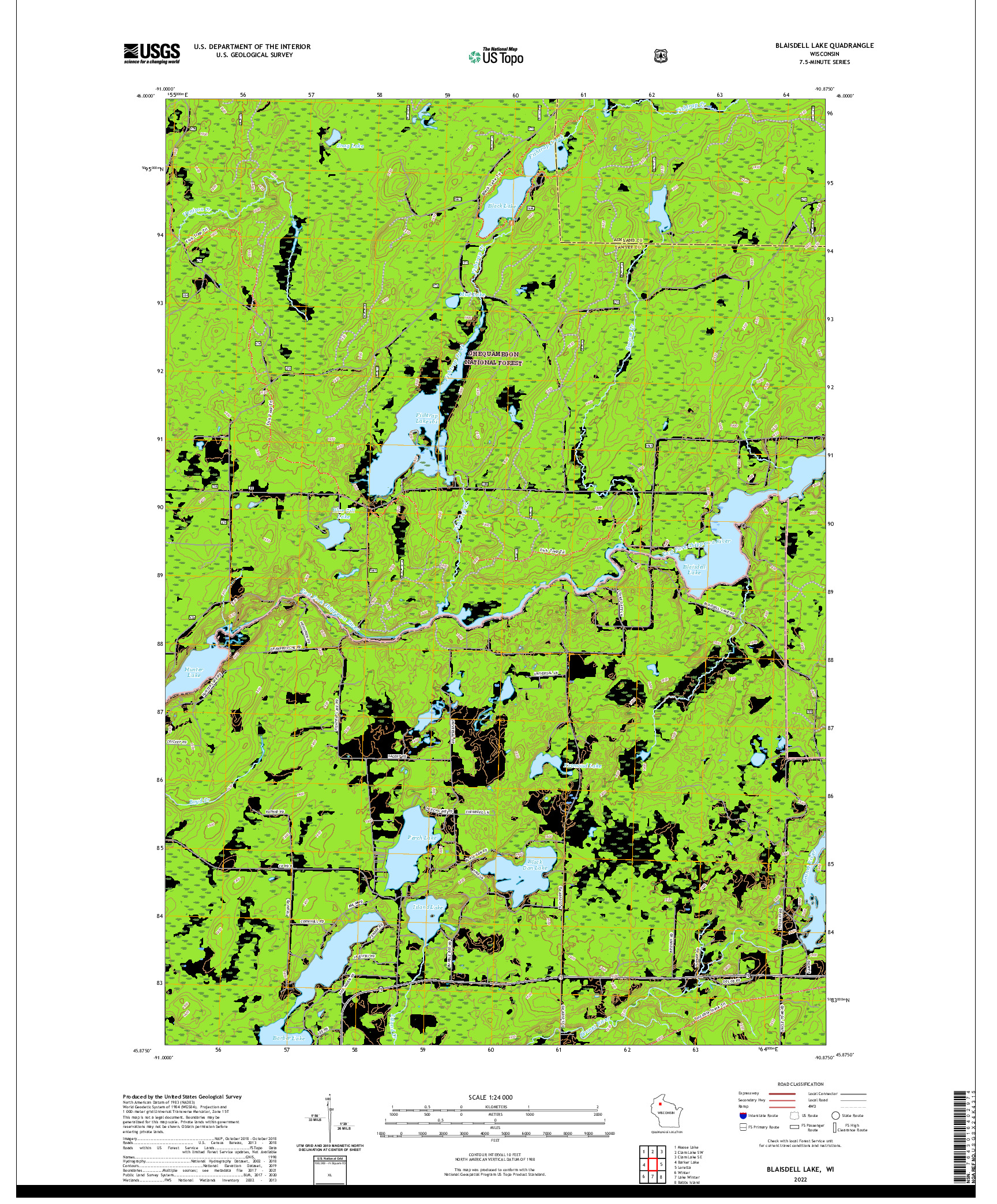 US TOPO 7.5-MINUTE MAP FOR BLAISDELL LAKE, WI