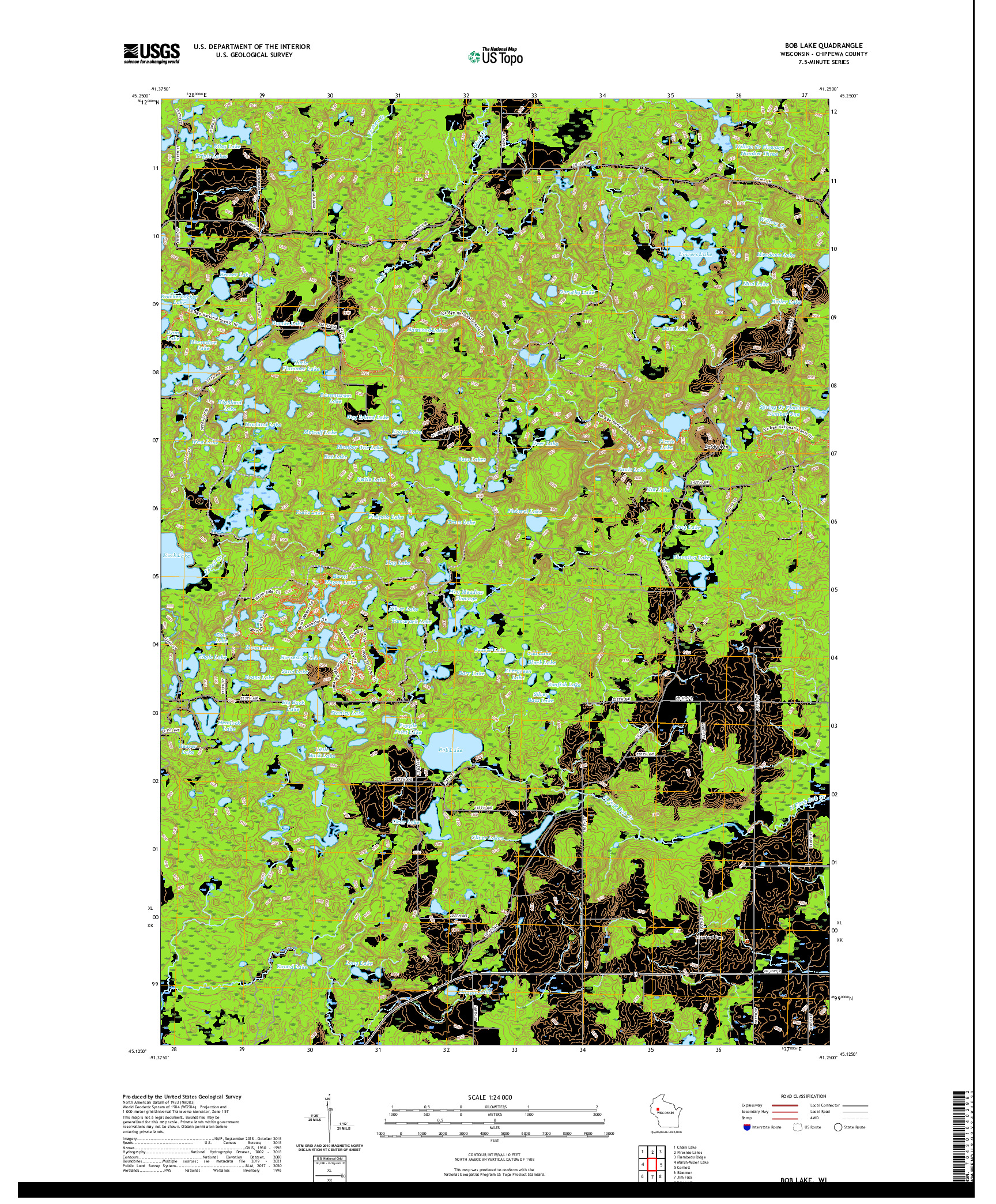 US TOPO 7.5-MINUTE MAP FOR BOB LAKE, WI