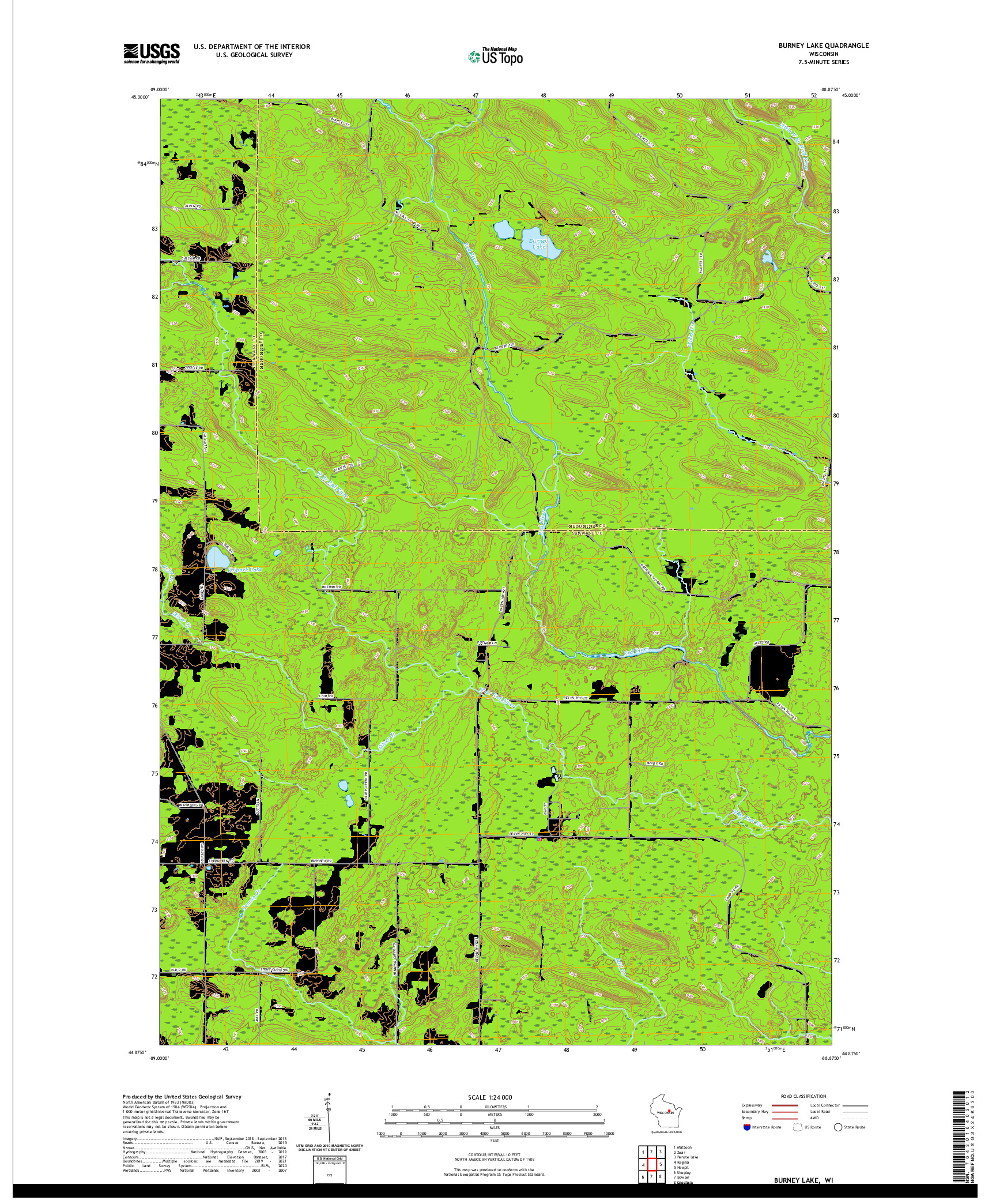 US TOPO 7.5-MINUTE MAP FOR BURNEY LAKE, WI