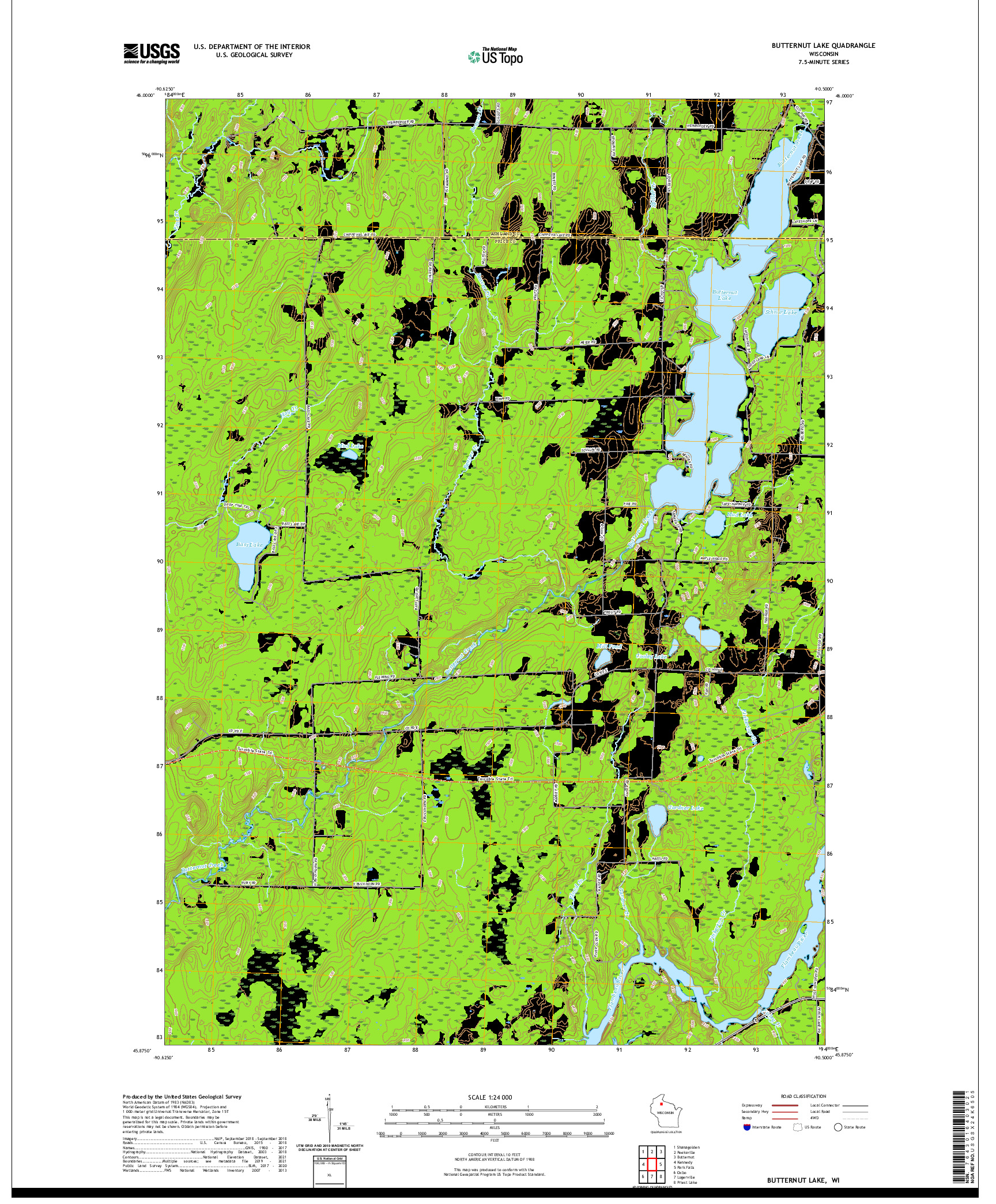 US TOPO 7.5-MINUTE MAP FOR BUTTERNUT LAKE, WI