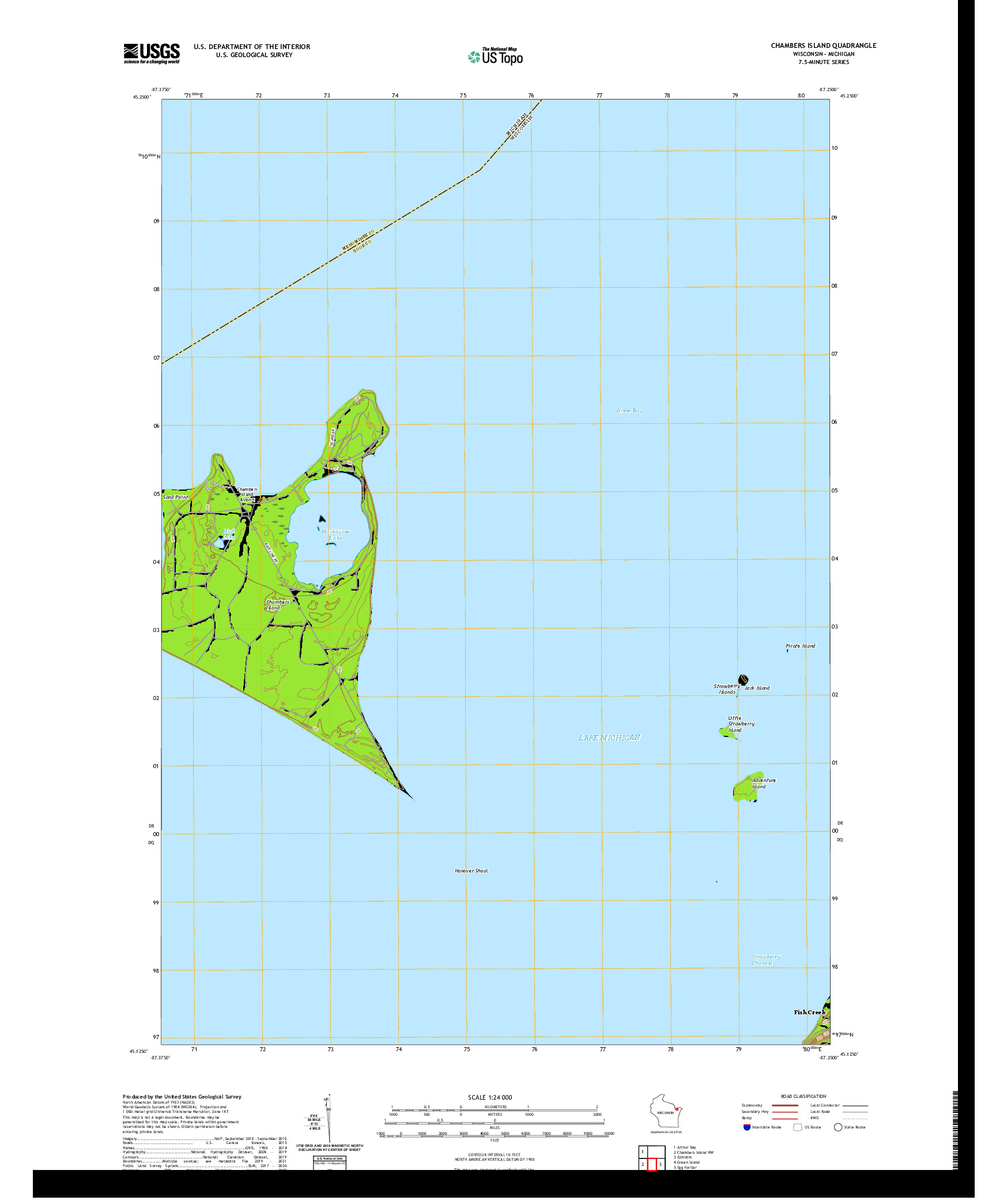 US TOPO 7.5-MINUTE MAP FOR CHAMBERS ISLAND, WI,MI