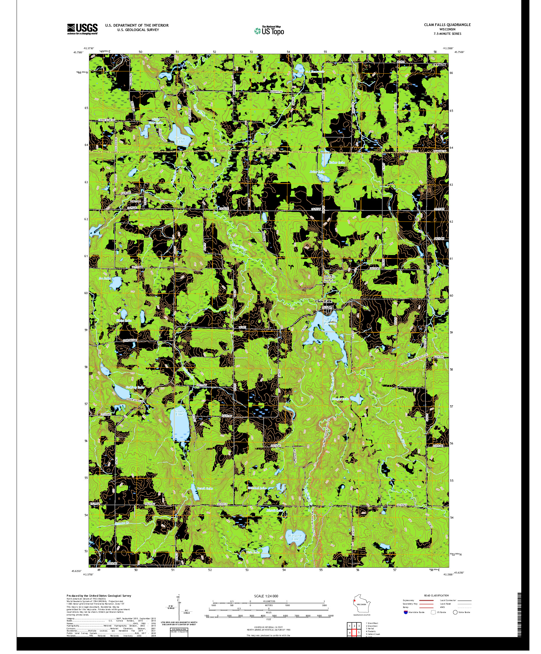 US TOPO 7.5-MINUTE MAP FOR CLAM FALLS, WI