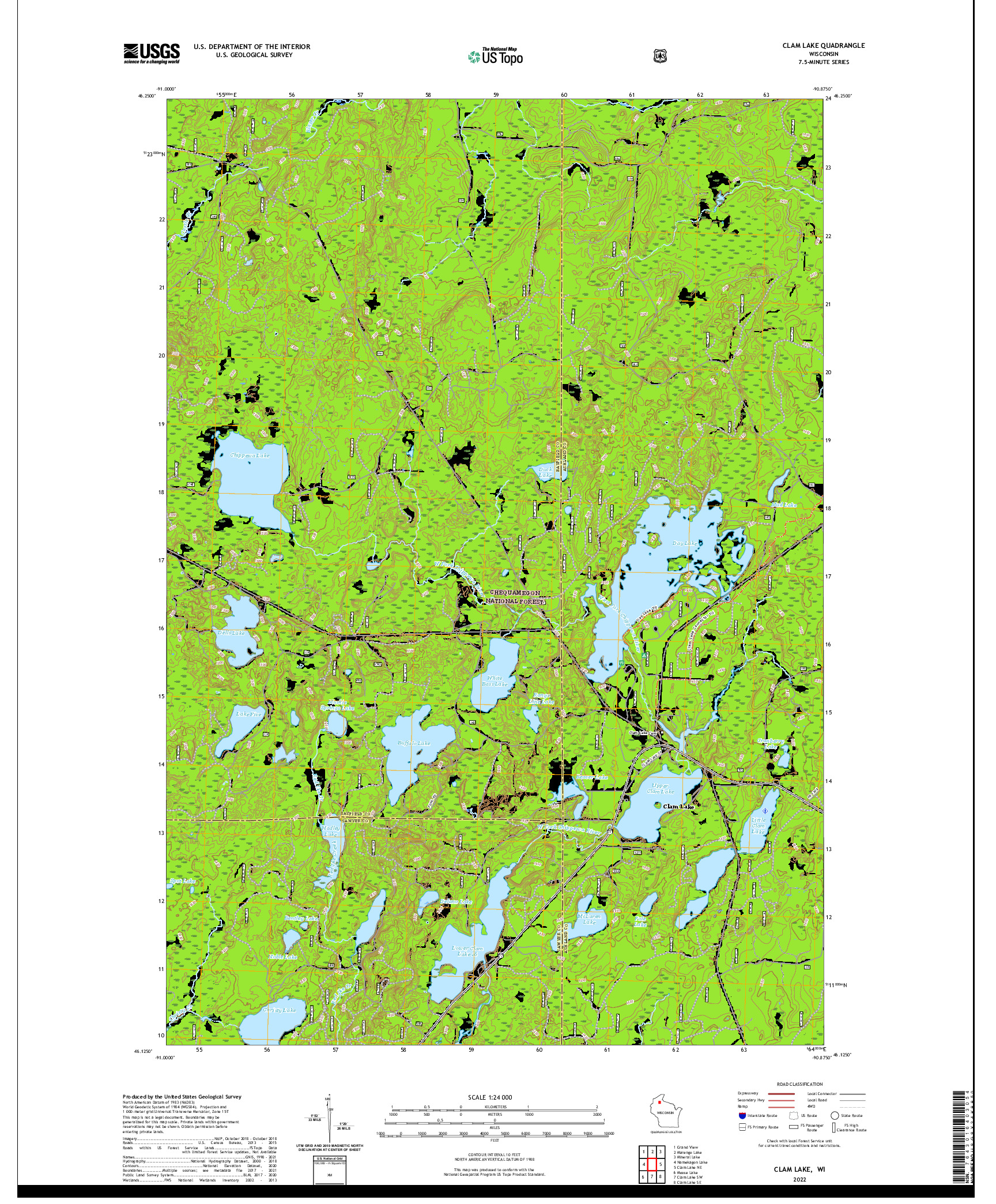 US TOPO 7.5-MINUTE MAP FOR CLAM LAKE, WI