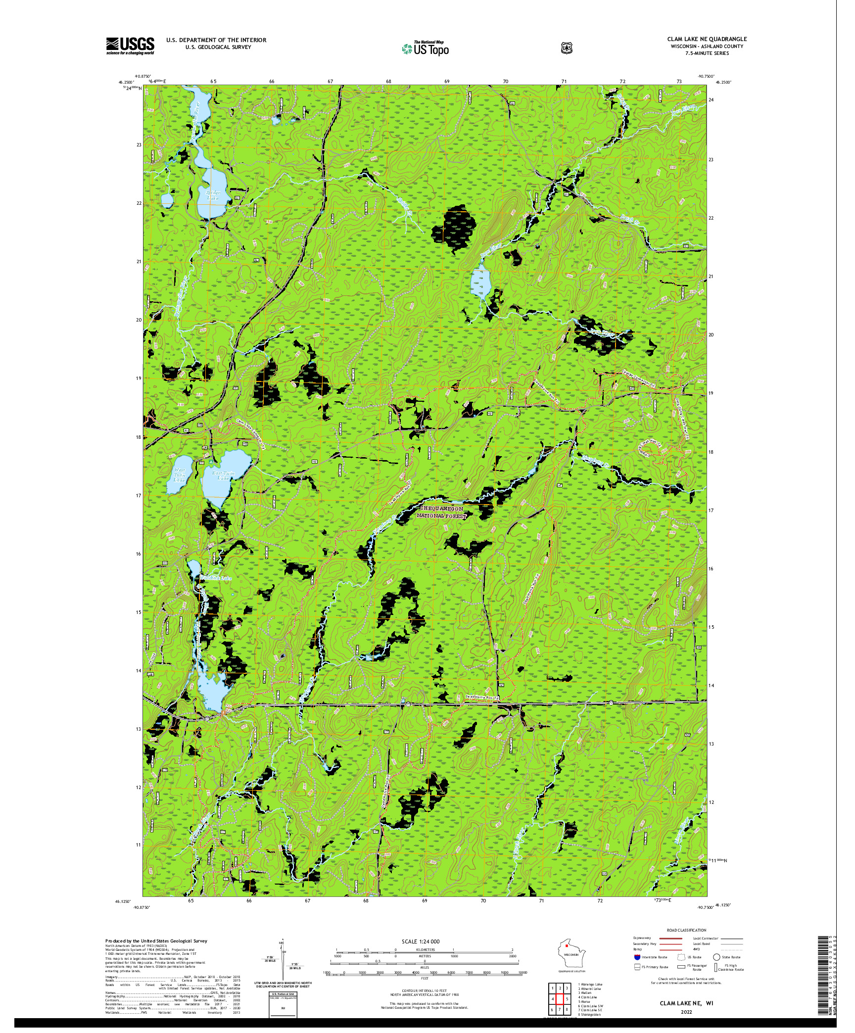US TOPO 7.5-MINUTE MAP FOR CLAM LAKE NE, WI