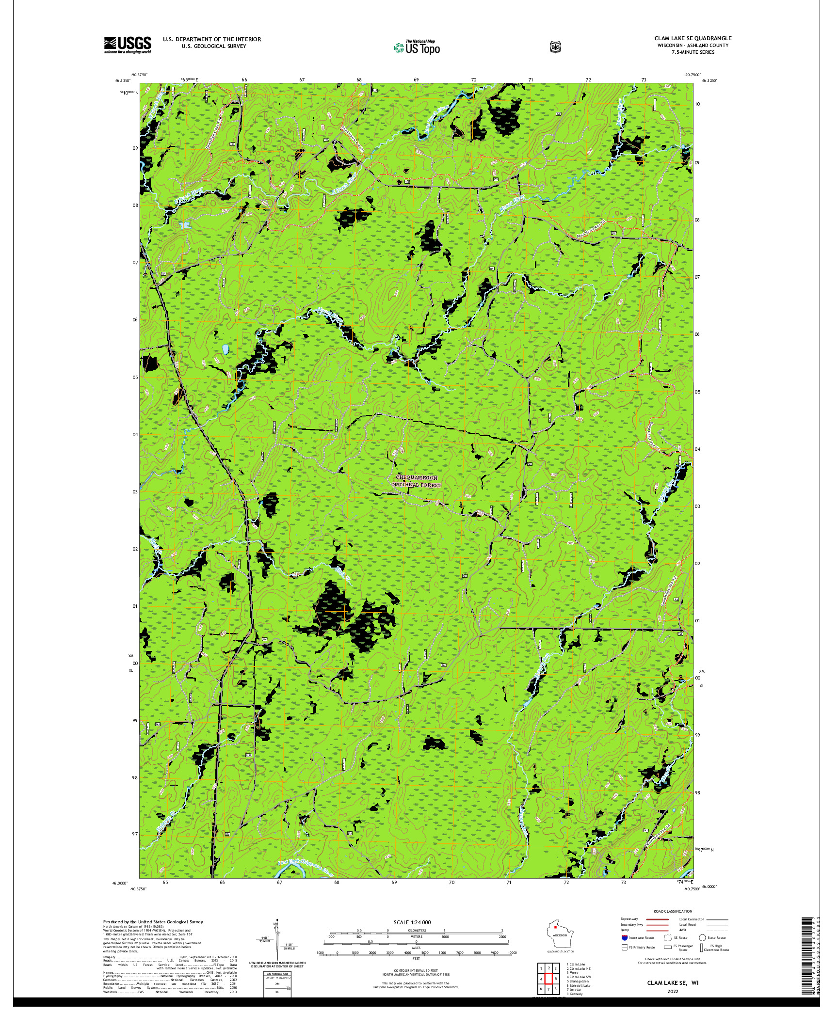 US TOPO 7.5-MINUTE MAP FOR CLAM LAKE SE, WI