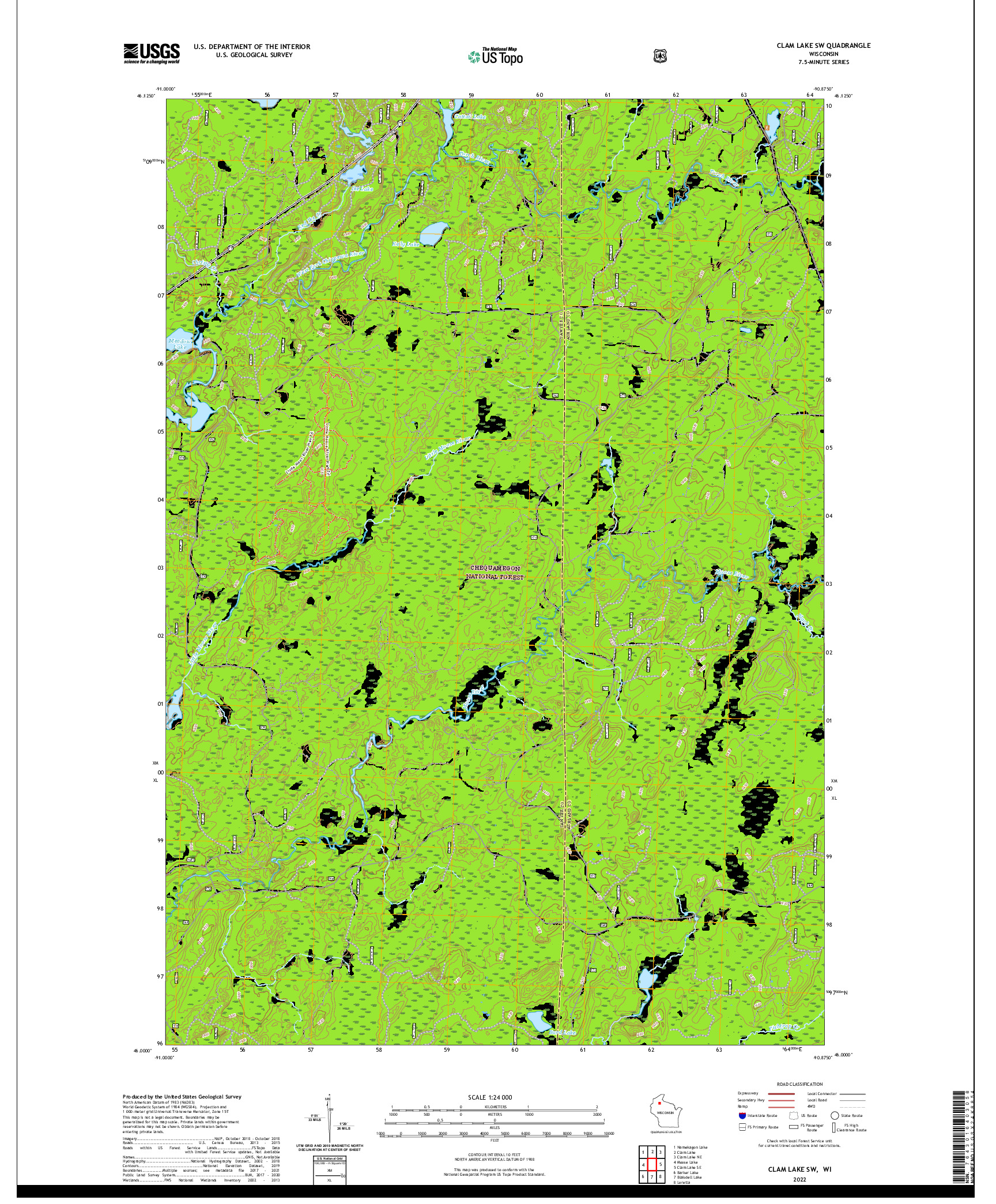 US TOPO 7.5-MINUTE MAP FOR CLAM LAKE SW, WI