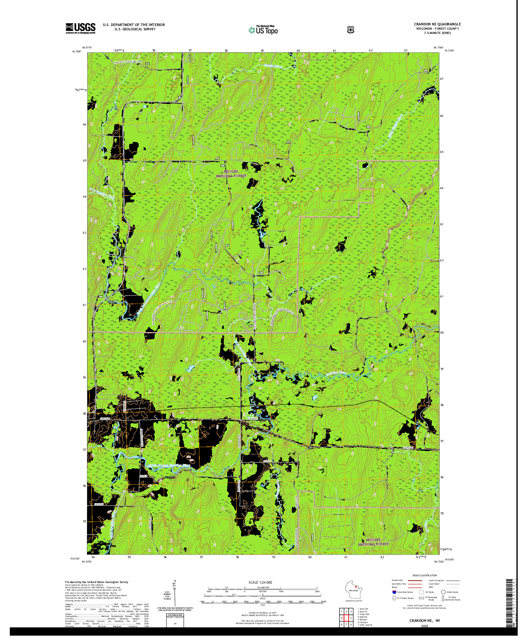 US TOPO 7.5-MINUTE MAP FOR CRANDON NE, WI