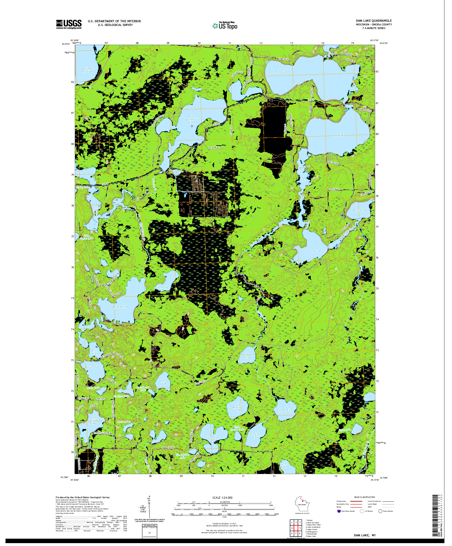 US TOPO 7.5-MINUTE MAP FOR DAM LAKE, WI