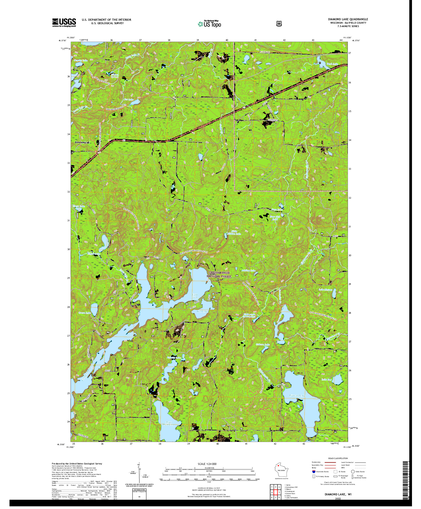 US TOPO 7.5-MINUTE MAP FOR DIAMOND LAKE, WI