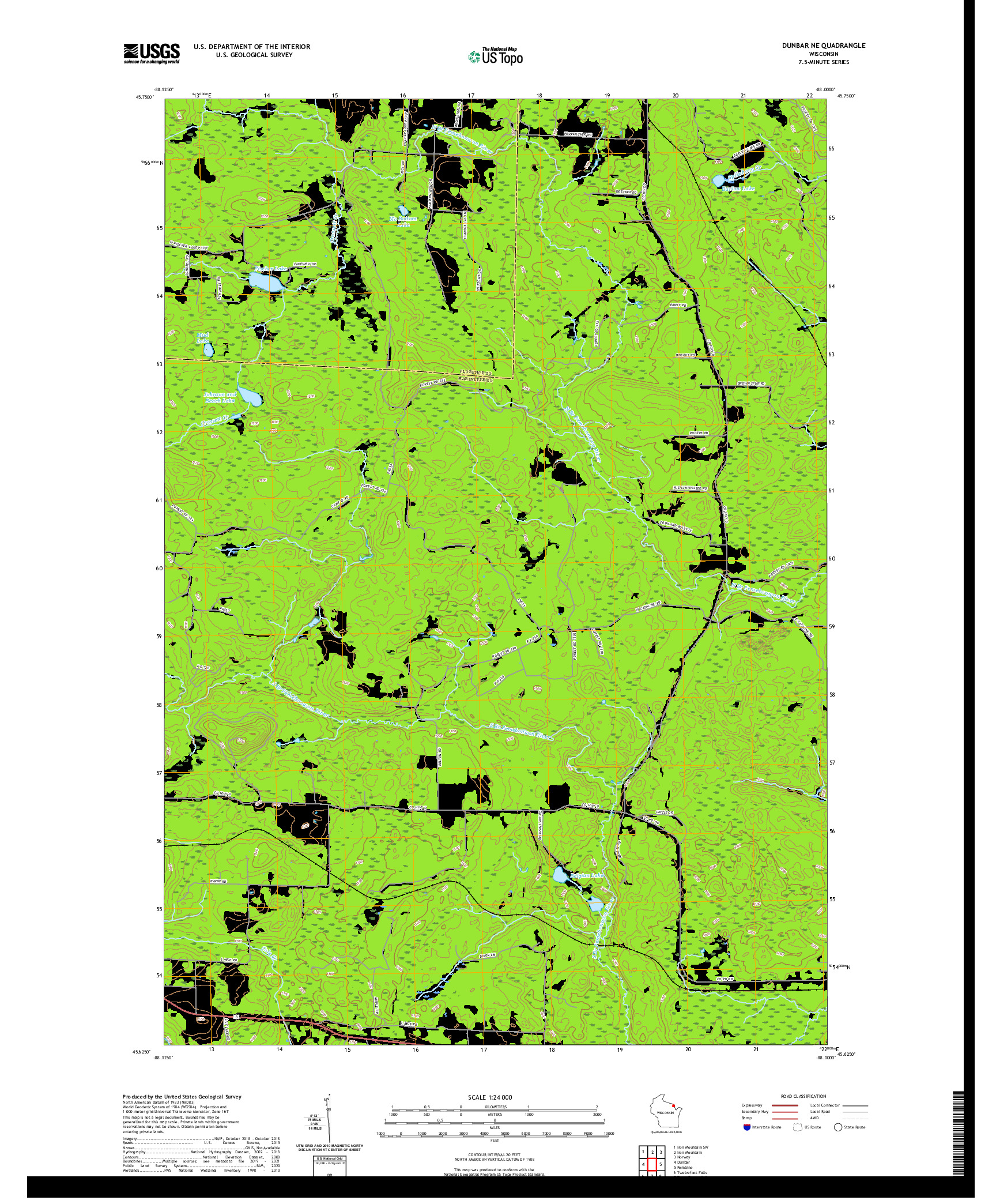 US TOPO 7.5-MINUTE MAP FOR DUNBAR NE, WI