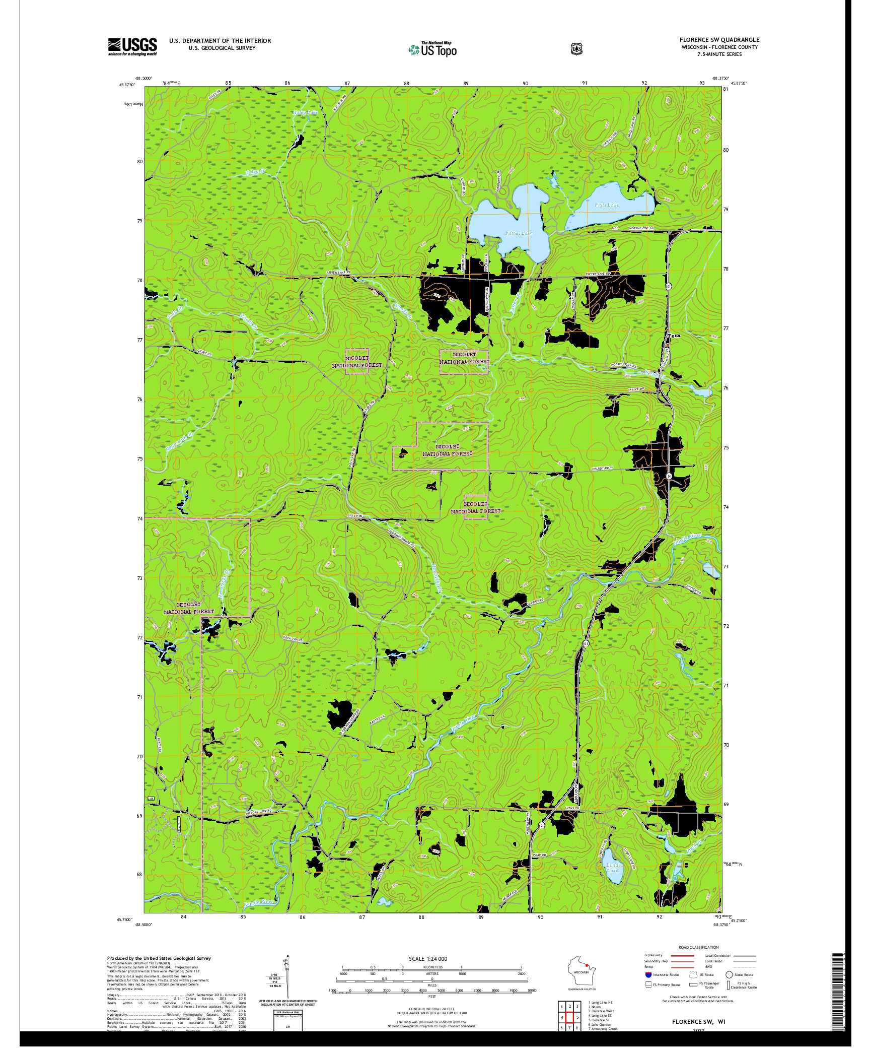 US TOPO 7.5-MINUTE MAP FOR FLORENCE SW, WI