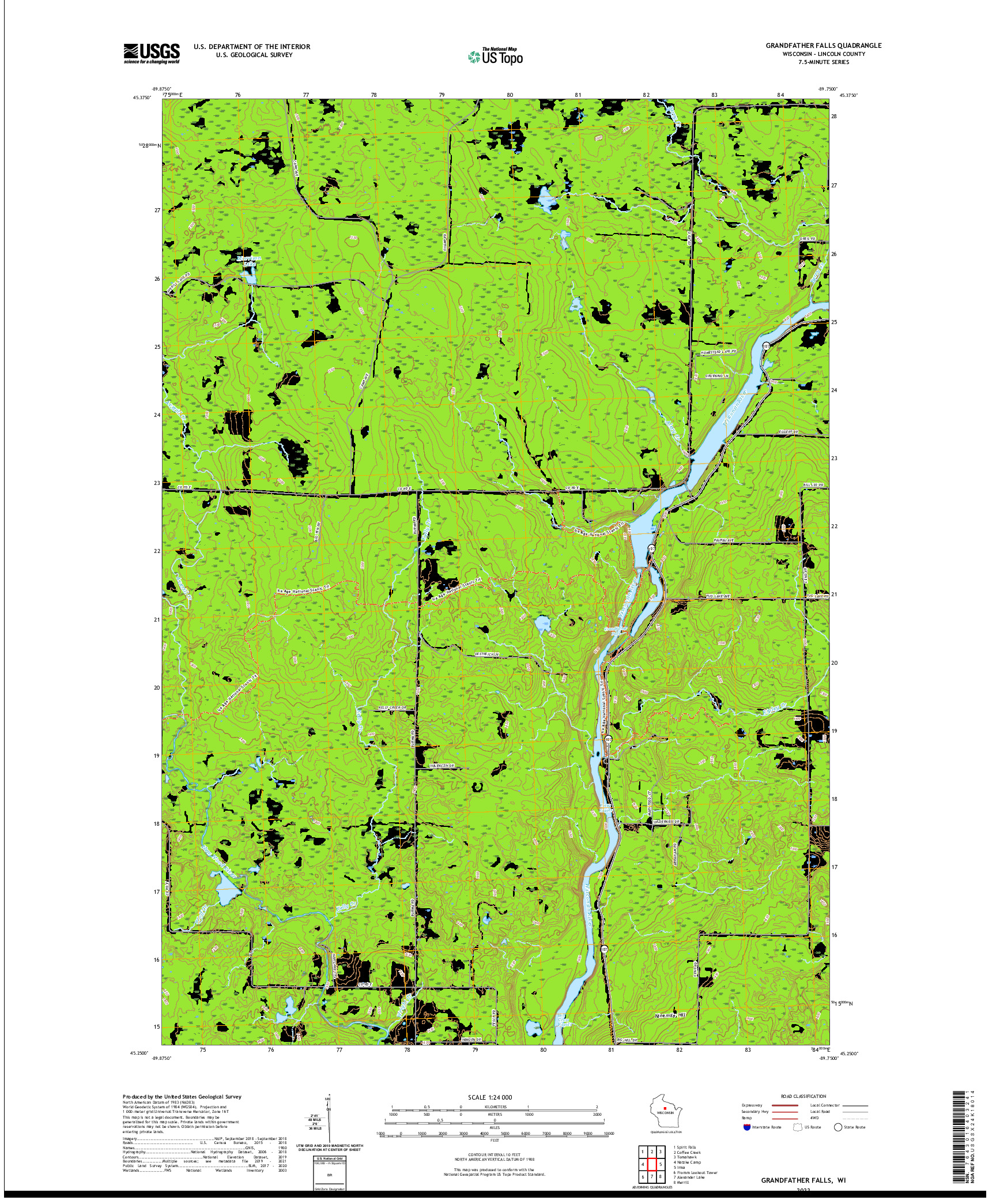 US TOPO 7.5-MINUTE MAP FOR GRANDFATHER FALLS, WI