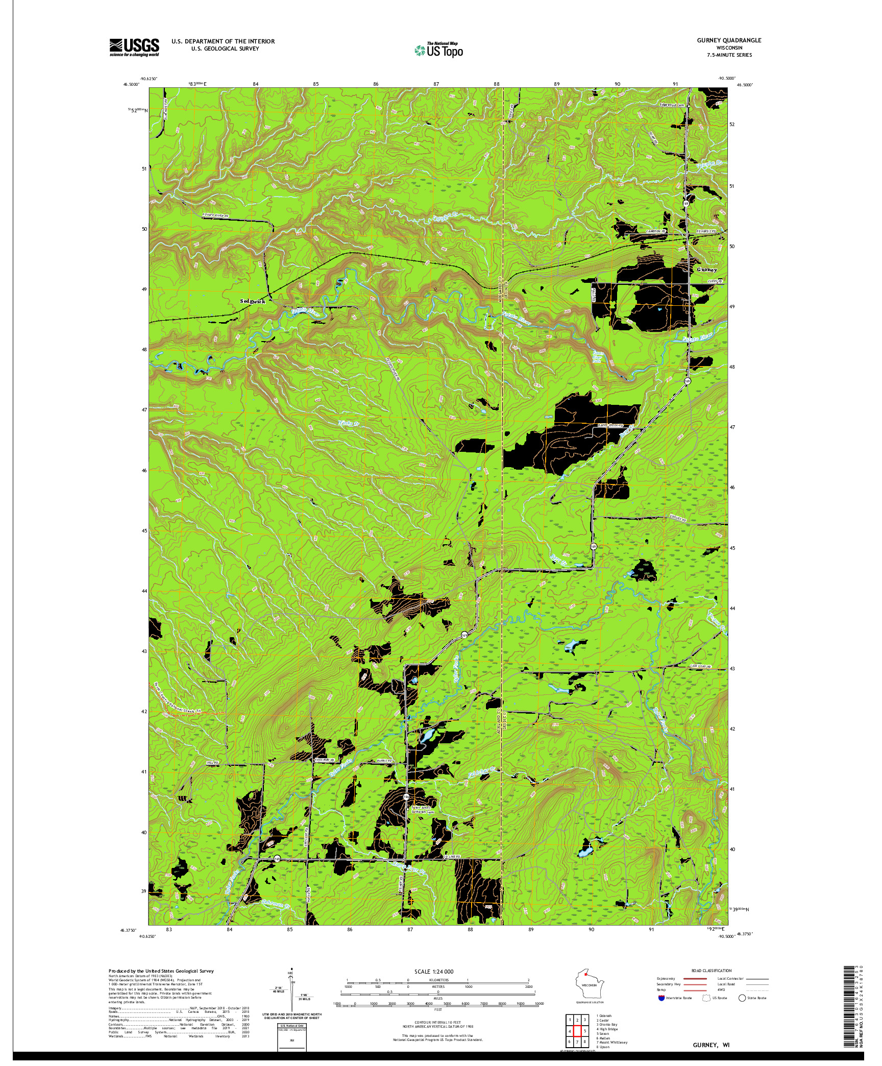 US TOPO 7.5-MINUTE MAP FOR GURNEY, WI