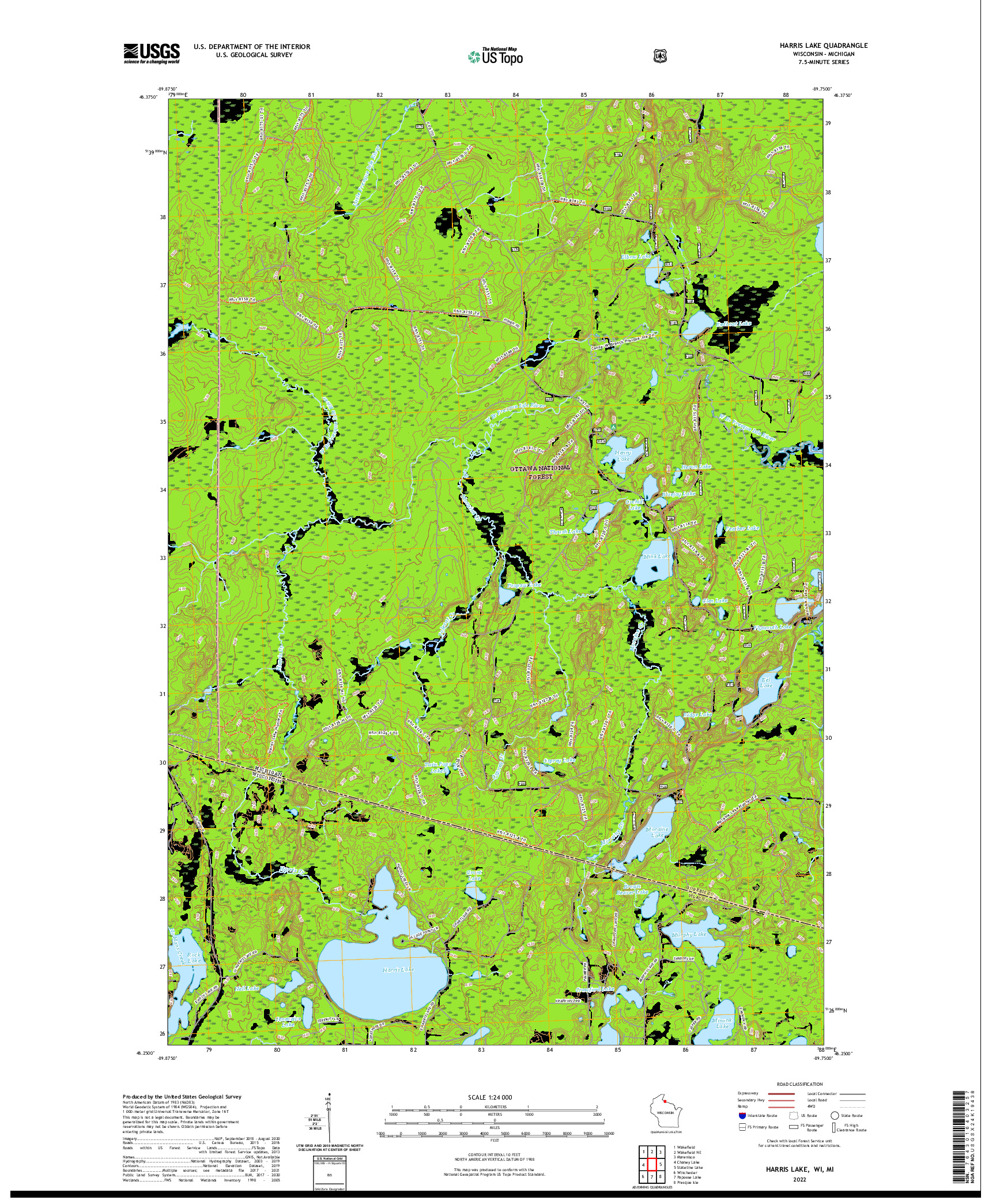 US TOPO 7.5-MINUTE MAP FOR HARRIS LAKE, WI,MI