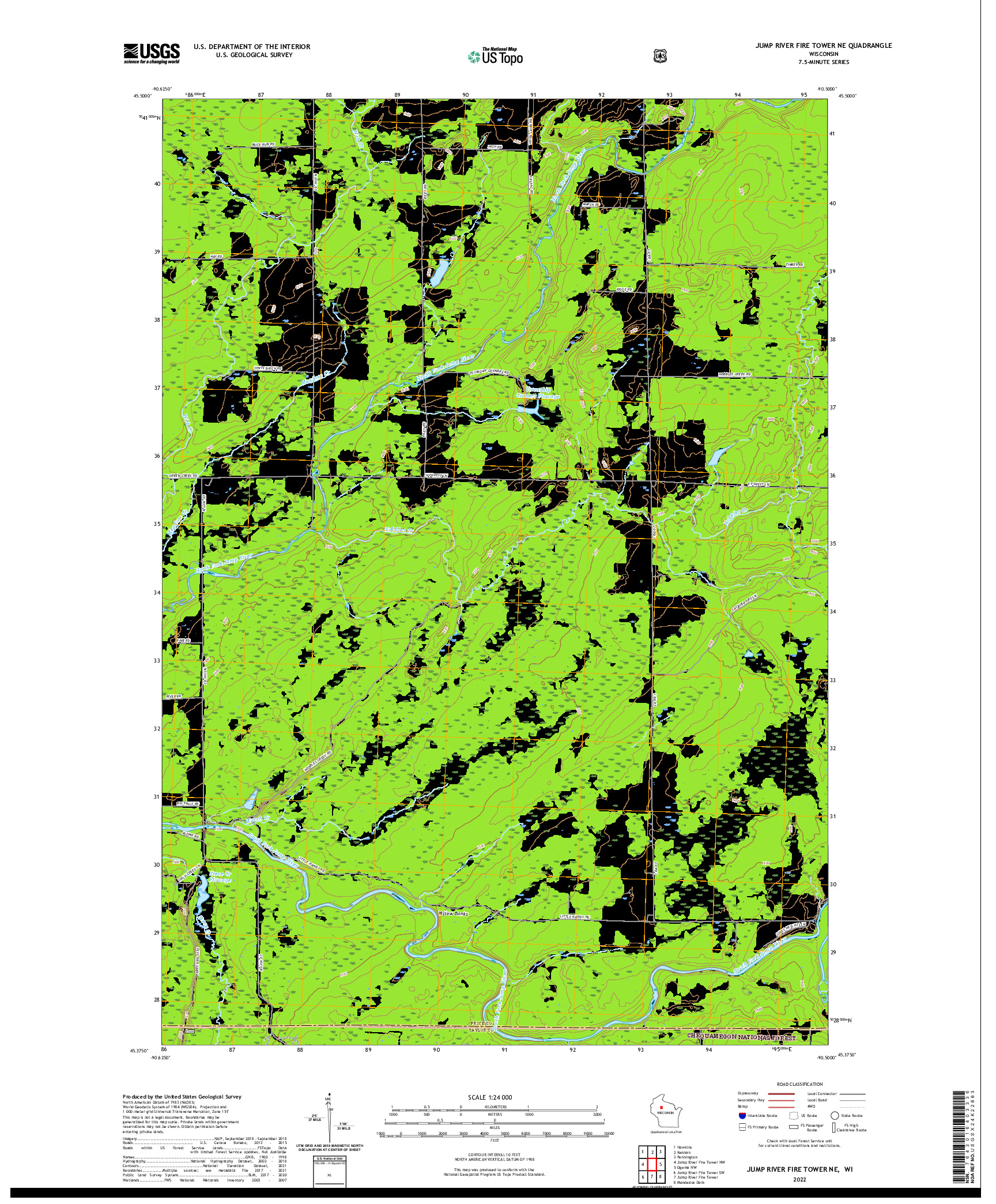 US TOPO 7.5-MINUTE MAP FOR JUMP RIVER FIRE TOWER NE, WI