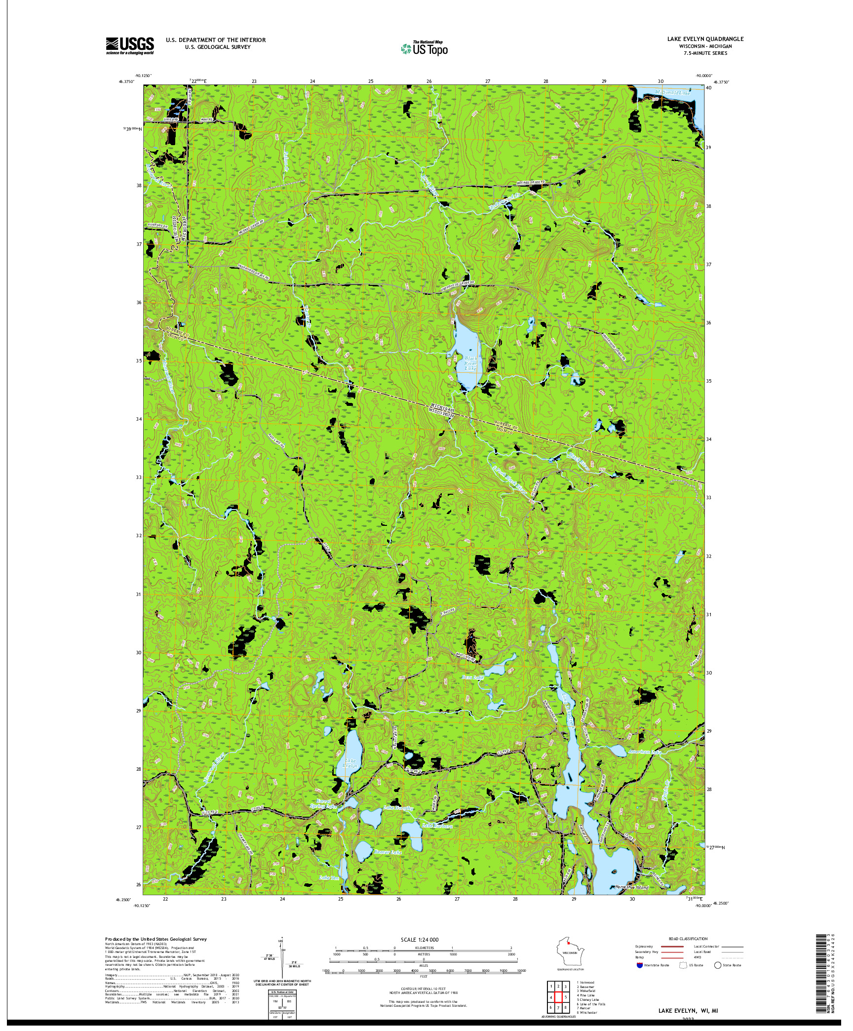 US TOPO 7.5-MINUTE MAP FOR LAKE EVELYN, WI,MI