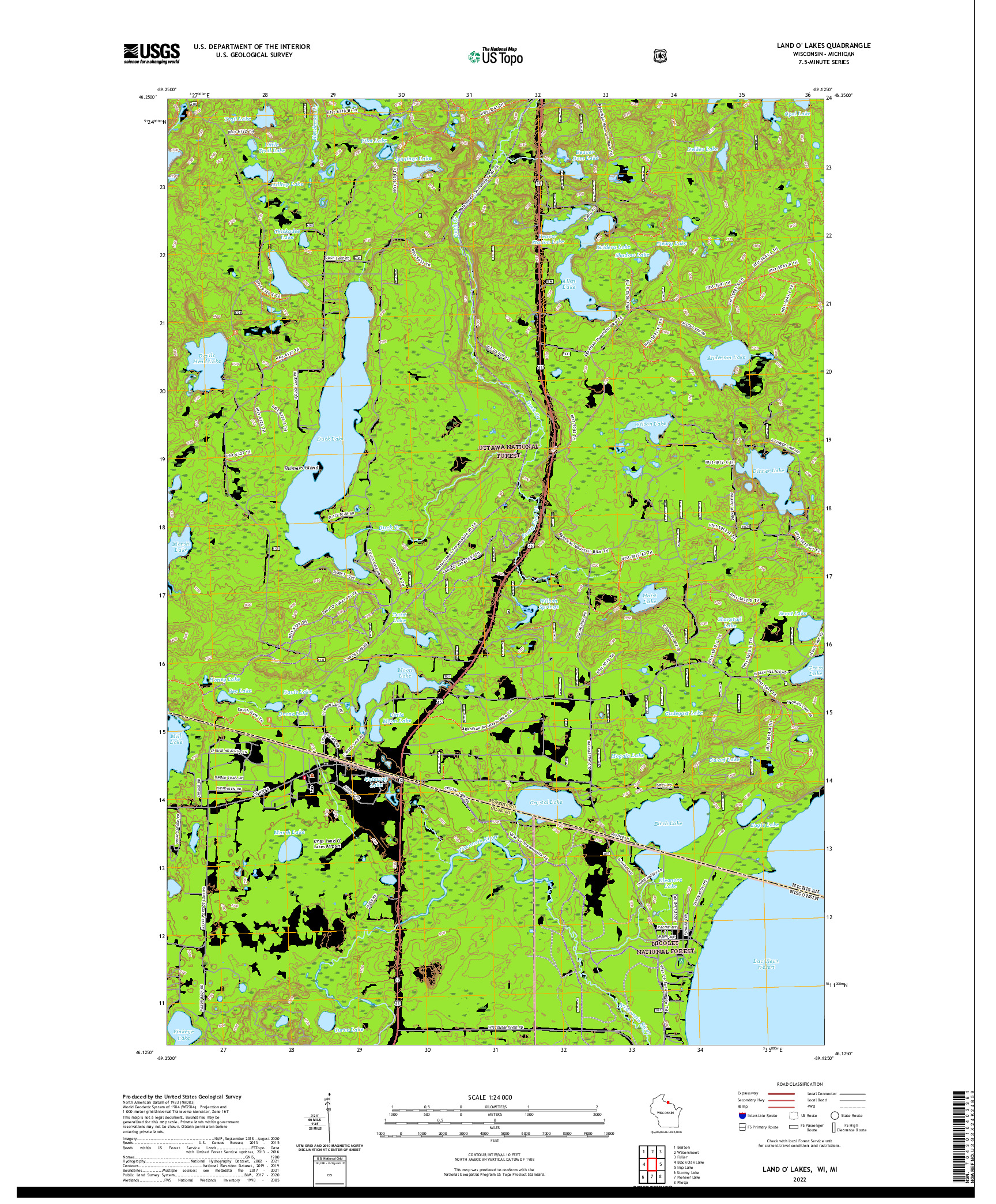 US TOPO 7.5-MINUTE MAP FOR LAND O' LAKES, WI,MI