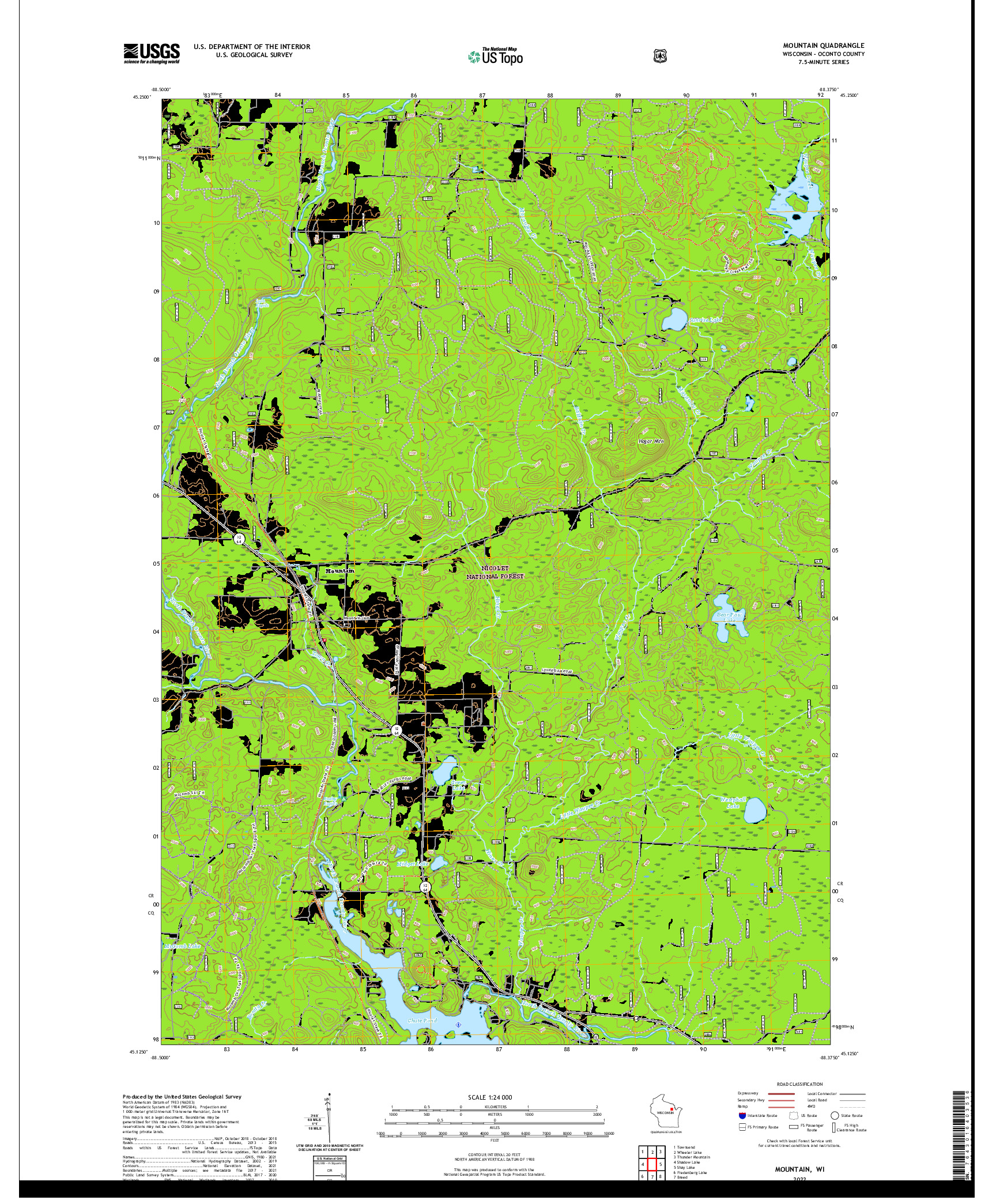 US TOPO 7.5-MINUTE MAP FOR MOUNTAIN, WI